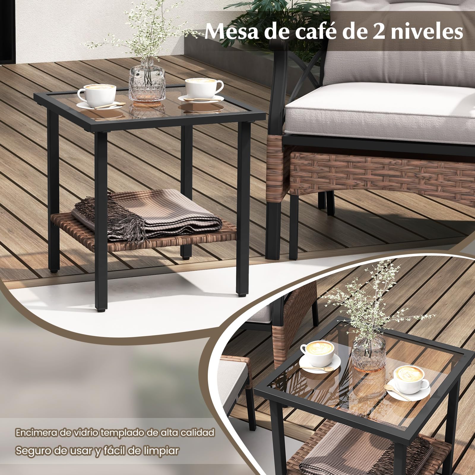 COSTWAY Conjunto Mesa y Sillas Jardin 5 Piezas de Ratán,1 Mesa Auxiliar de Vidrio Templado, 2 Sillas de Ratán PE y 2 Otomanas, Cojines Extraíbles,Conjunto Jardin Exterior Balcon Terraza (Marrón+Gris)