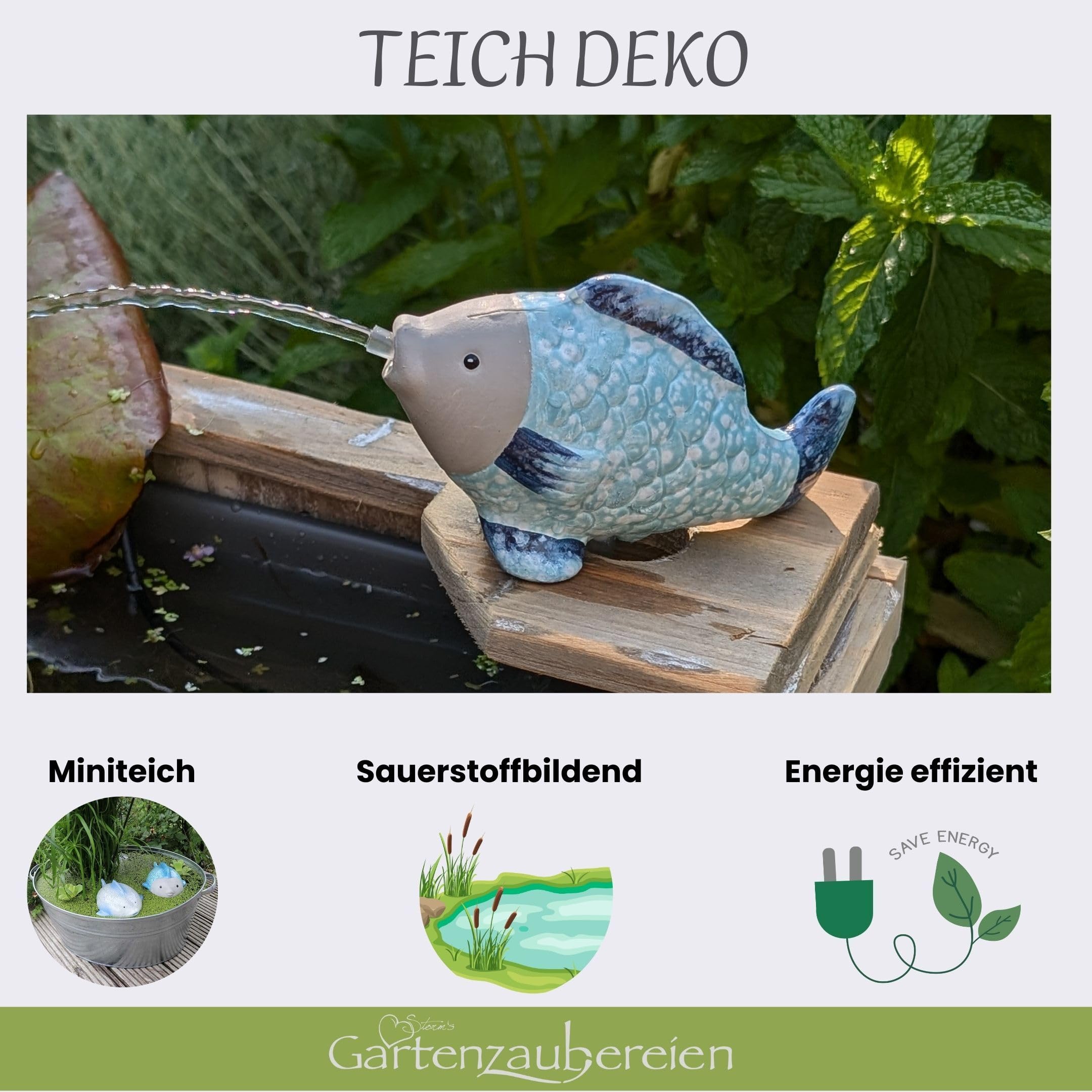 Storm's Gartenzaubereien Wasserspeier Fisch aus Keramik mit Pumpe 230V - für Miniteiche - Balkondeko - Wetterfest - Gartendeko -Teichzubehör - Wasserspeier Teich Fisch