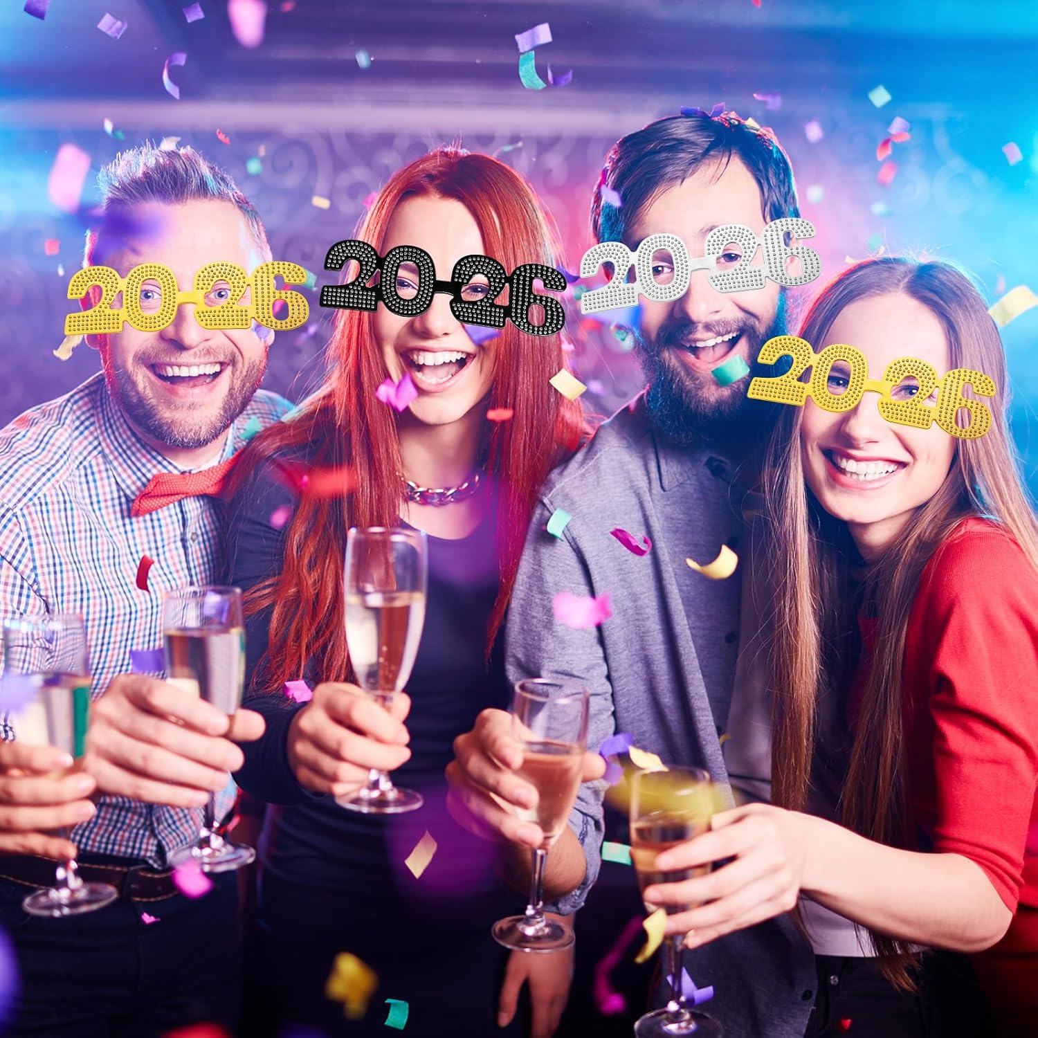 Sherr 24 Pairs 2026 New Year Glasses Frames Glitter 2026 Novelty Plastic Eyewear for New Year Holiday Party Favors(Classic)