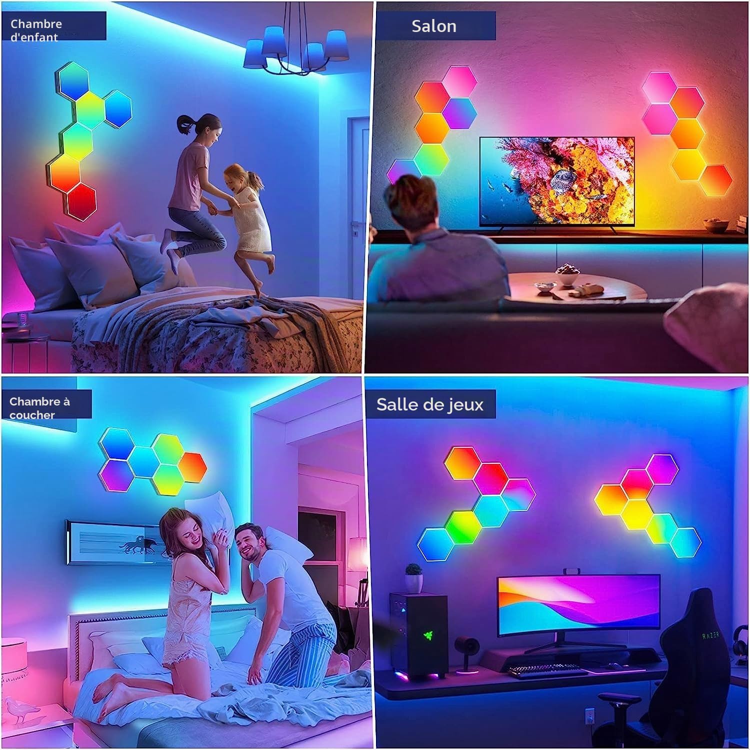 Lot de 10 grandes lumières LED hexagonales pour chambre TV, Smart Home Panneaux LED muraux RGBIC Setup Gaming Décoration Fonctionne avec Alexa Google Assistant, Contrôle vocal/App, Synchronisation