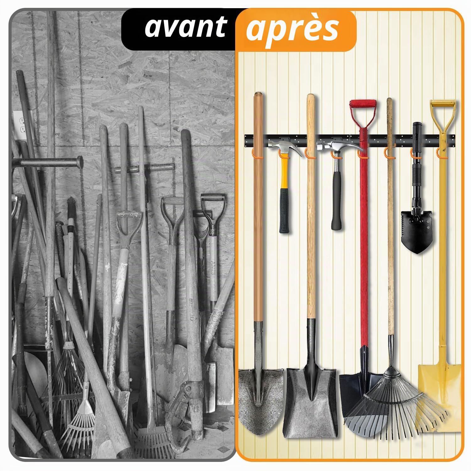 3-H Porte-Outils de Jardin Mural 6x 42 cm | Range Outils Jardin Crochet PVC Antidérapant, Support Mural Multifonctionnel pour Balais, Râteaux, Pelles, Garage, Remise
