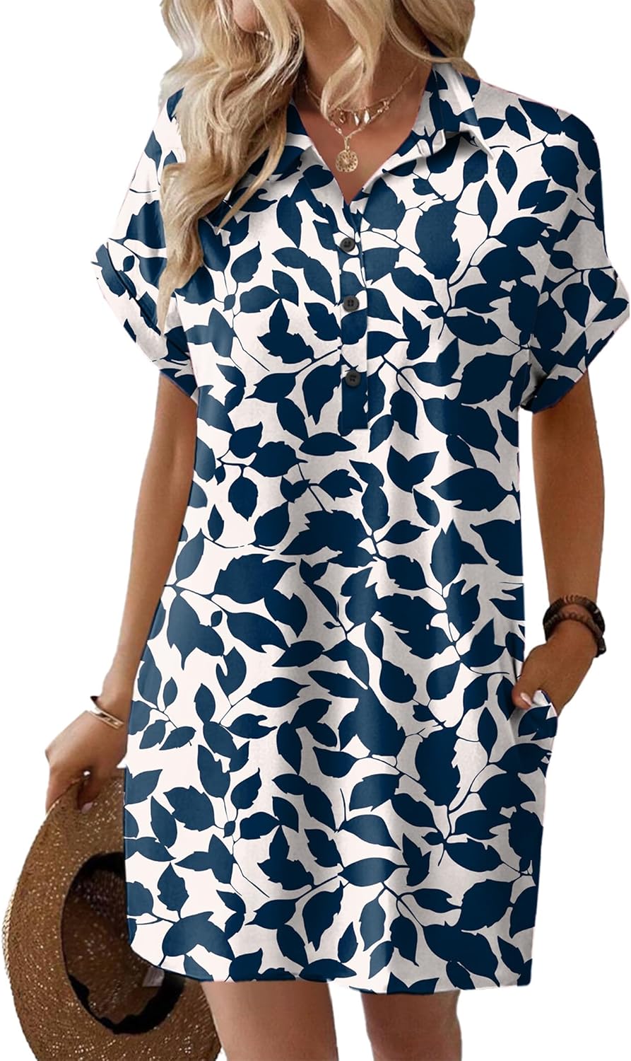 HOTOUCH Womens Summer Shirt Dress Short Sleeve Floral Shift Dress Casual Loose Flowy Beach Sundress with Pockets