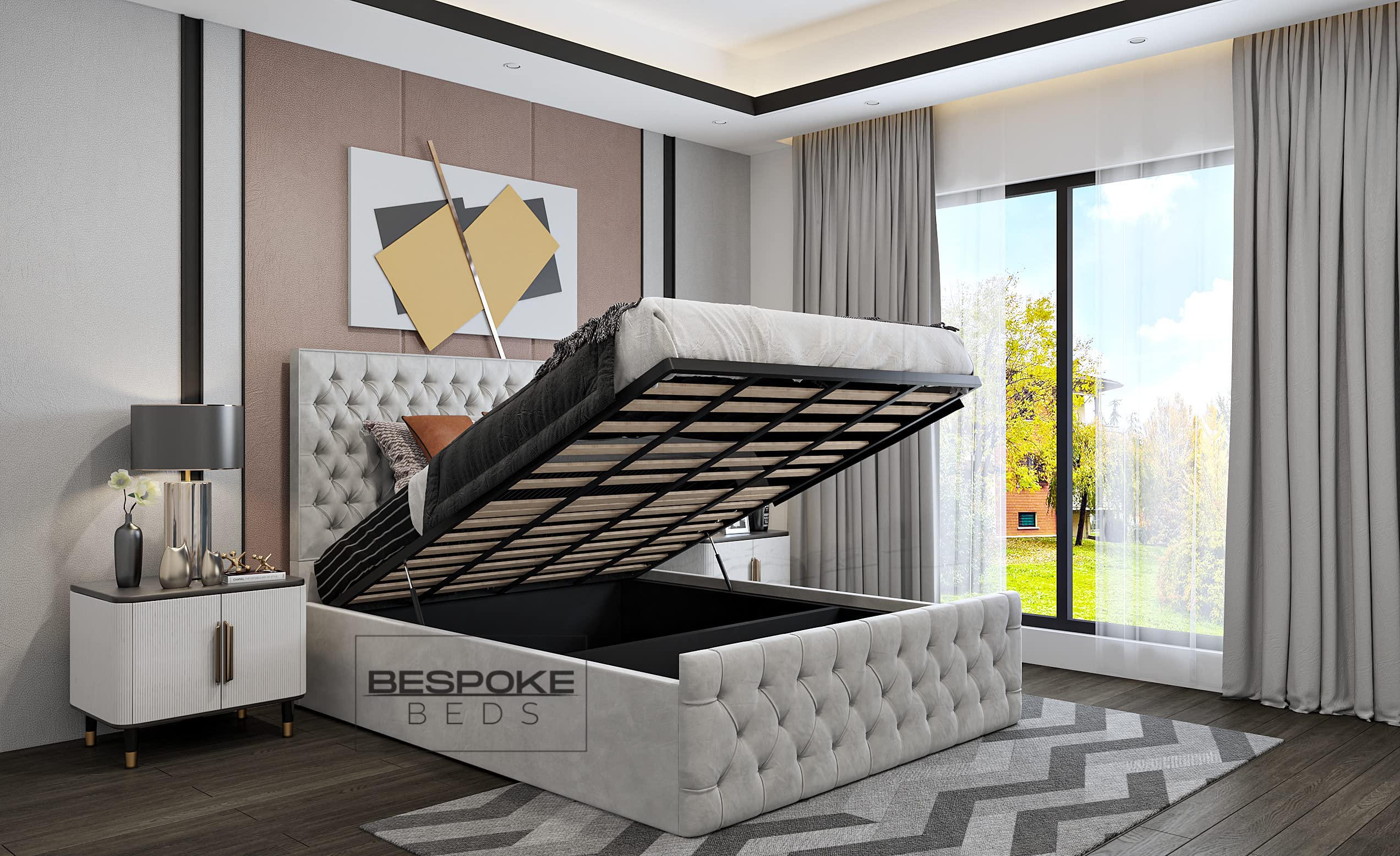 BESPOKE BEDSUpholstered Bed Frame, Ottoman Storage Bed Frame, Plush Velvet Bed Frame With Storage, Double King,Super King Bed Frame (Grey Plush Velvet, 6FT Super King Size)