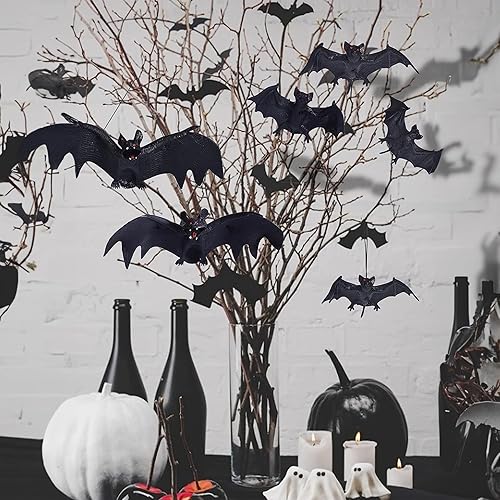 Miniatura 7 de Decoraciones de murciélagos colgantes de Halloween, 5 piezas de murciélagos de goma voladores espeluznantes para exteriores e interiores,