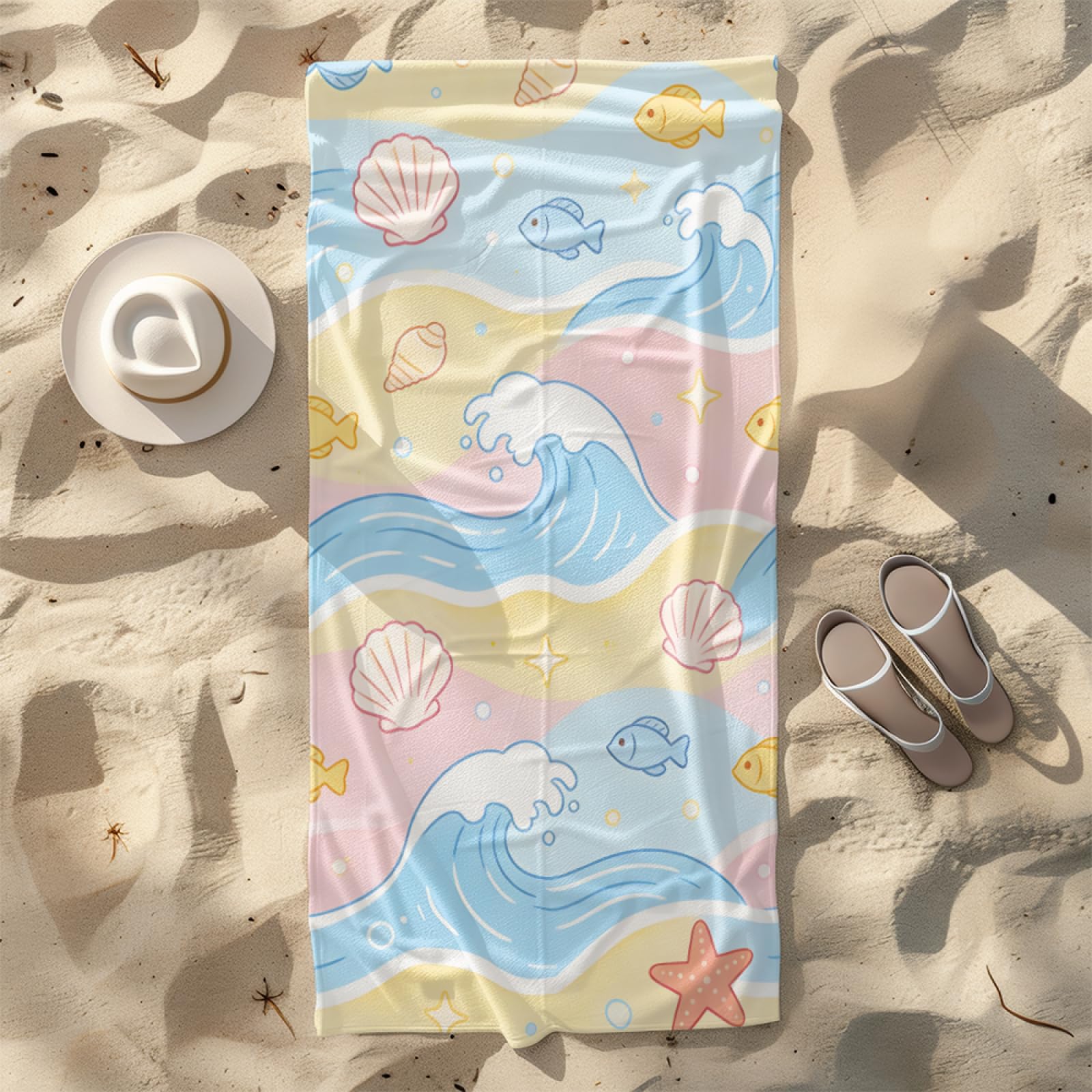 Fouta PlageJaune Bleu Poisson Rose Modèle Surdimensionné avec Diverses Tailles, Respirante et Portable, Parfaite pour Voyages Sorties Piscine et Usage Extérieur Quotidien 90x160 cm