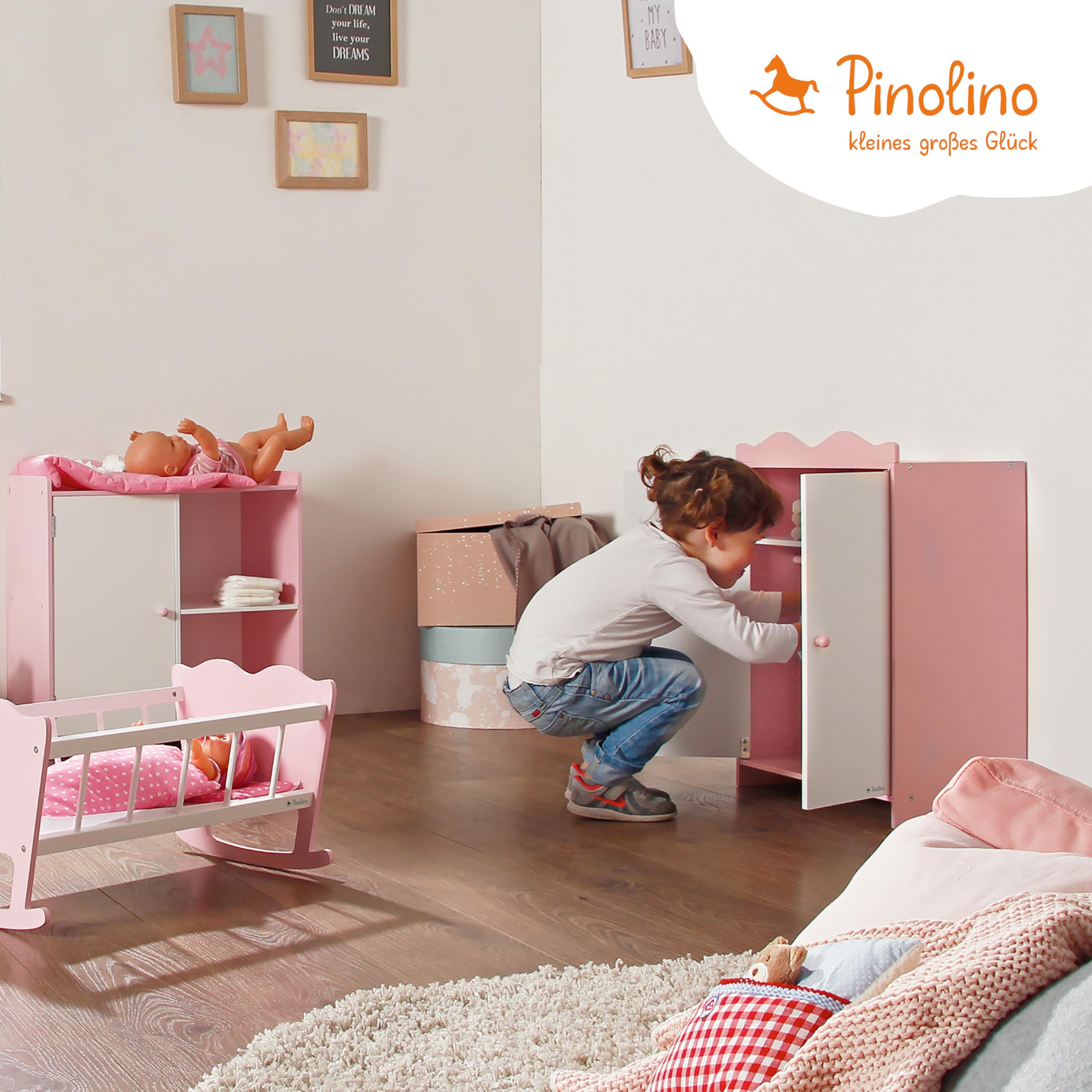 Pinolino Armadietto per Bambole Jasmine in Legno con 1 ripiano, 1 Appendiabiti e 3 Ganci, mobili per Bambole da 2 Anni, Rosa e Bianco