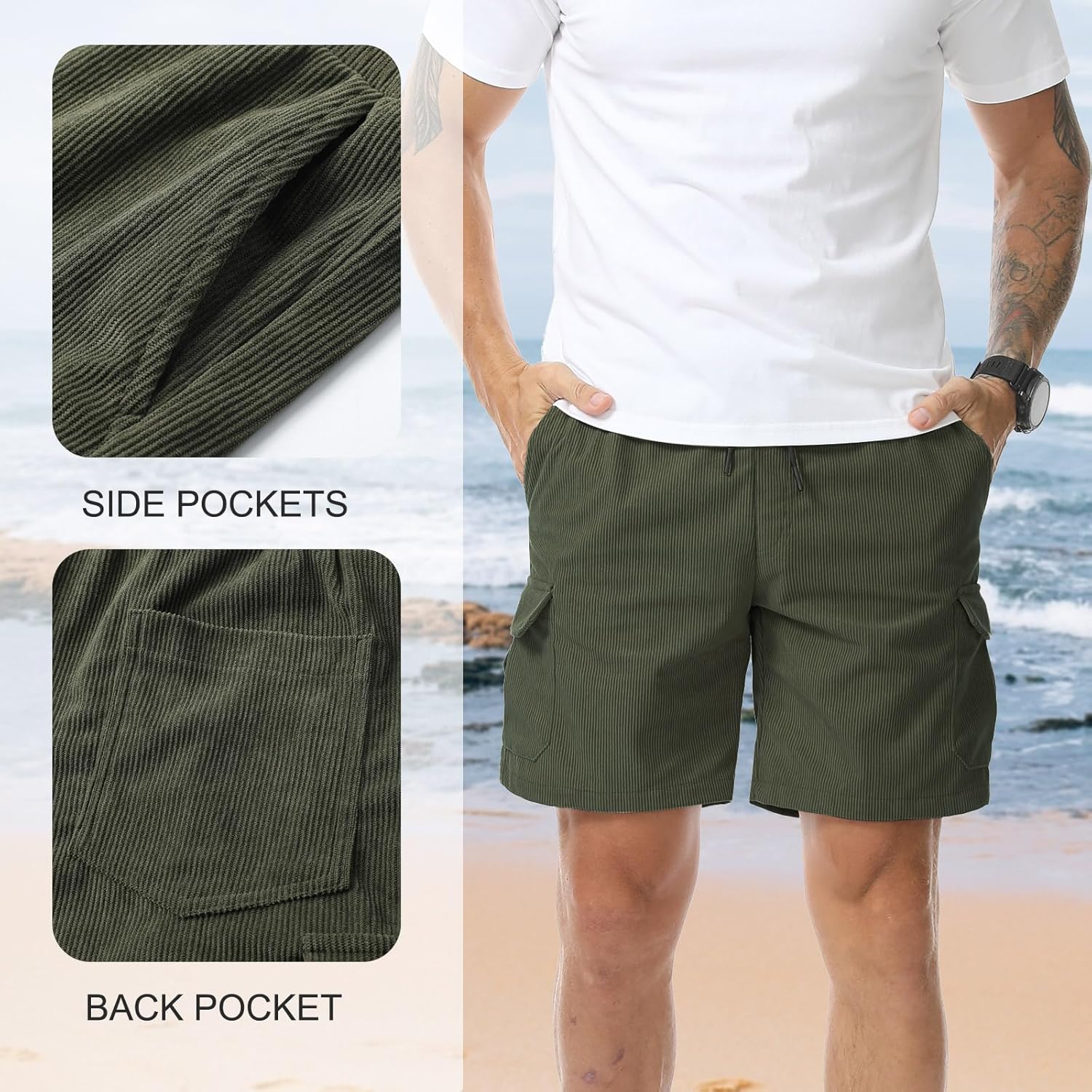 Suwangi Men’s Casual Corduroy Shorts Elastic Waist Drawstring Cargo Shorts with Multi-Pockets Lightweight Summer Beach Short - Image 4