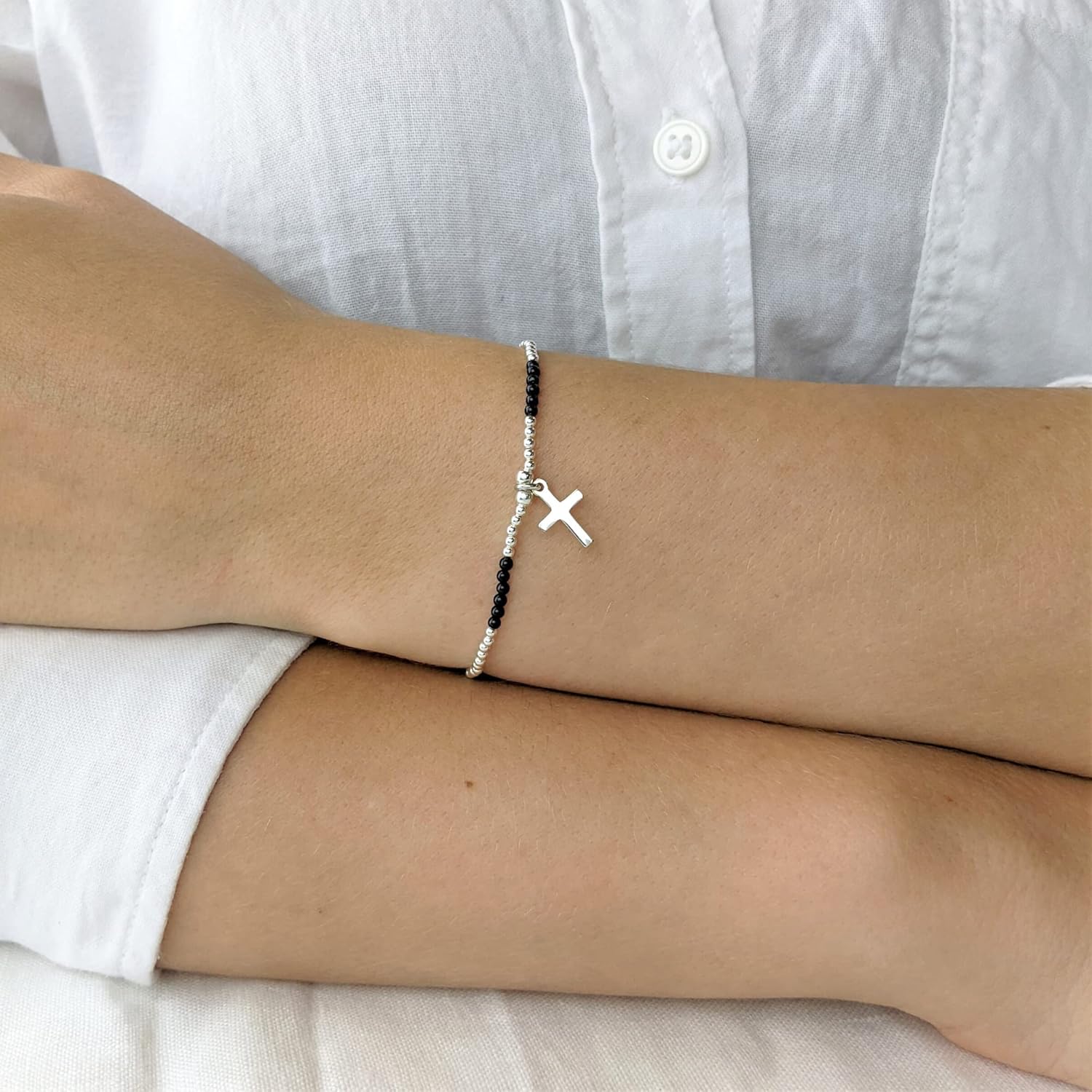 Silverly Sterling Silver Onyx Beaded Stretch Bracelet With Cross Charm - 925 Silver Ball Bead Bracelets for Women - Black Gemstone Elastic Stacking Bracelet - July Birthstone Gift for Best Friend - Image 5