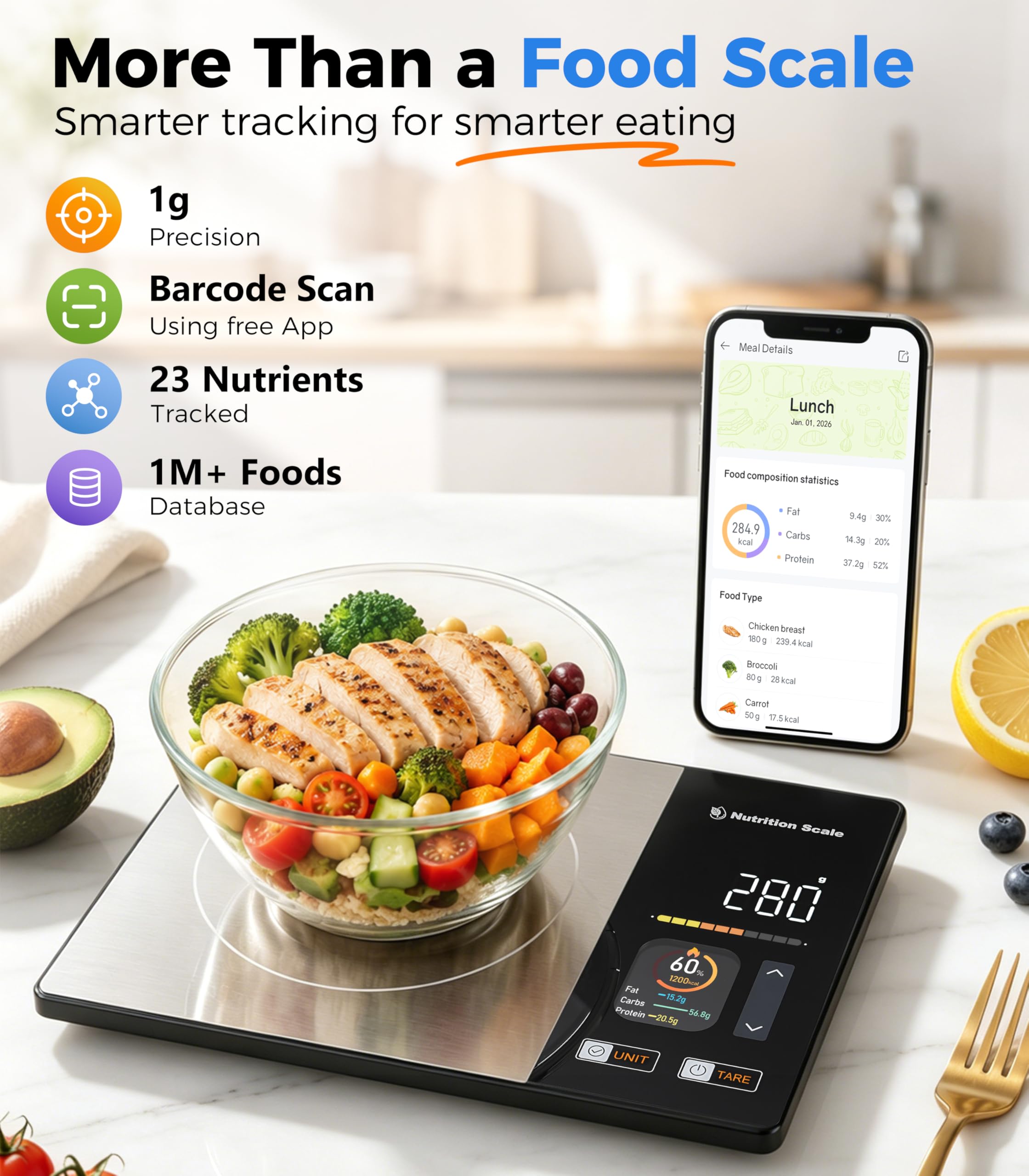 Bilancia intelligente per alimenti con calcolatrice nutrizionale, bilancia calorie per dimagrire, selezione rapida degli alimenti e monitoraggio dei 23 nutrienti, display a colori con 5 unità