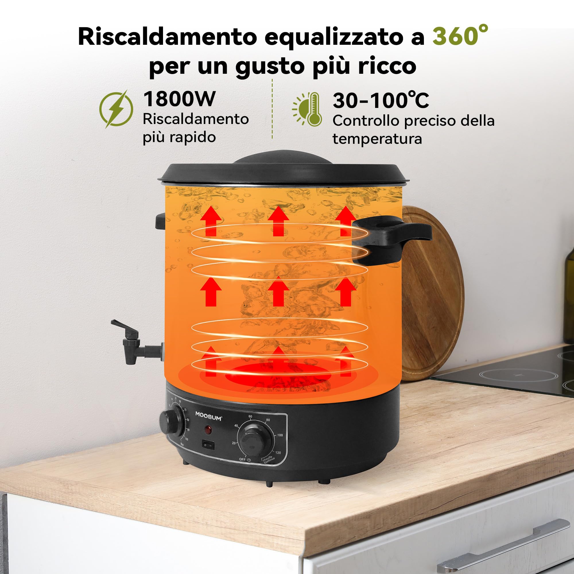 Pastorizzatore, Dispenser per Bevande Calde, 27 L, 1800 Watt, 30-100 °C, Timer, Funzione Mantenimento Calore, Protezione Ssurriscaldamento
