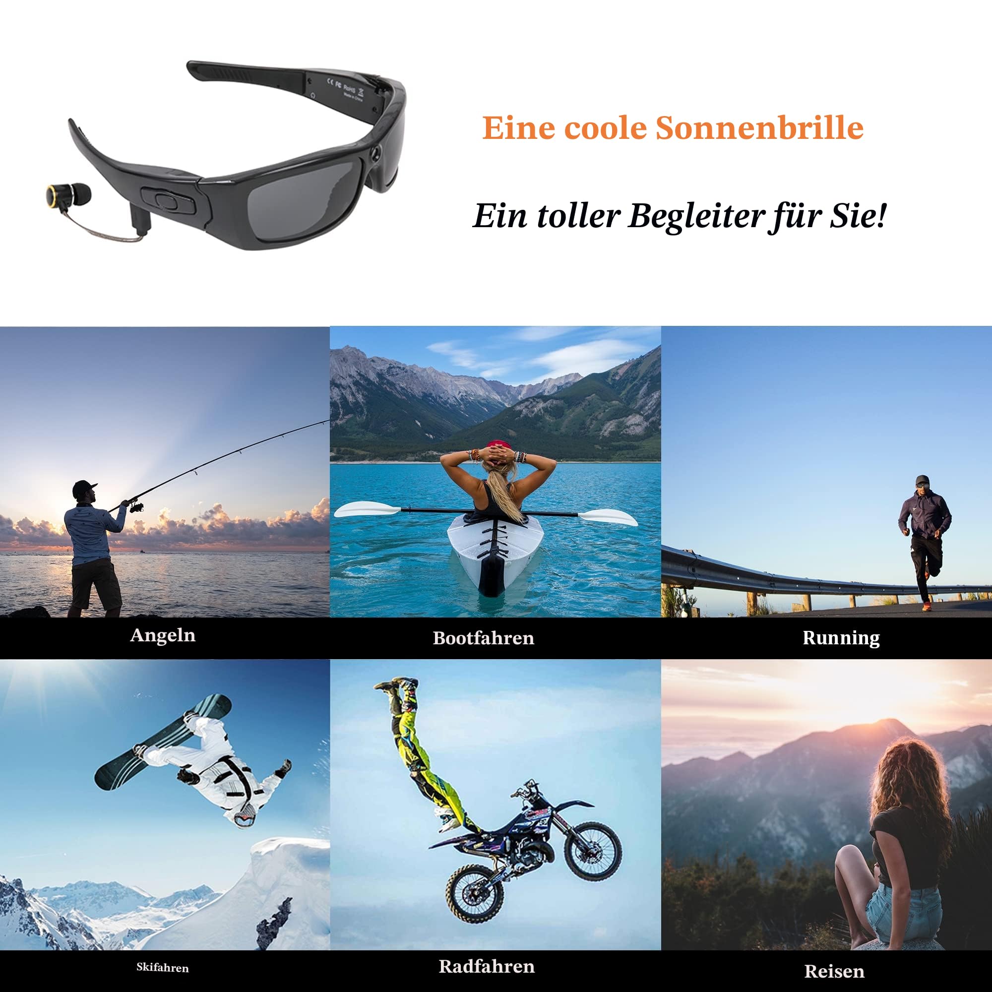 Kamera Sonnenbrille, Bluetooth Sonnenbrille Full HD 1080P Videokamera Brille mit UV-Schutz Polarisierte Linse für Outdoor und Reisen, SM-21B