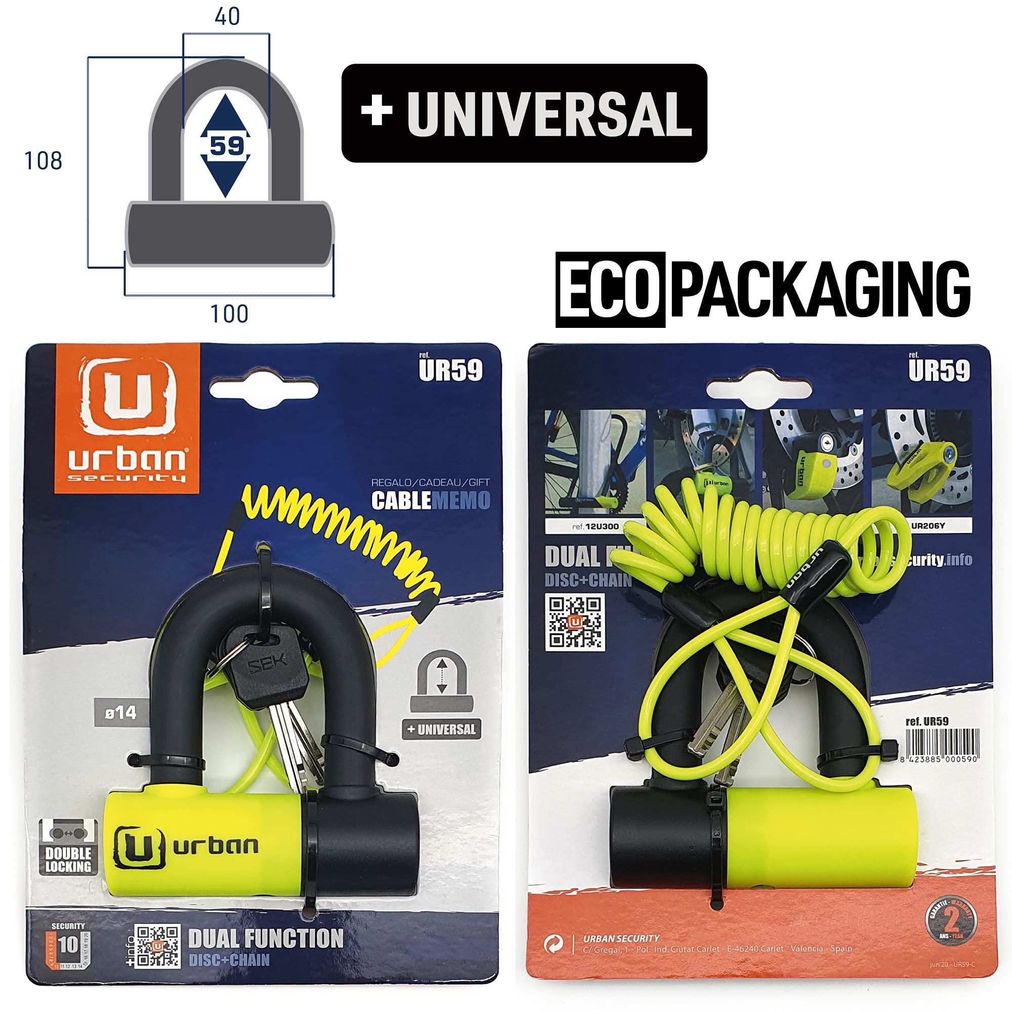 URBAN UR59K100 Antivol moto chaîne haute sécurité en acier spécial durci de 13,5 mm et solide cadenas mini U 14 mm, pour moto, scooter et vélo électrique, 100 cm, noir/jaune
