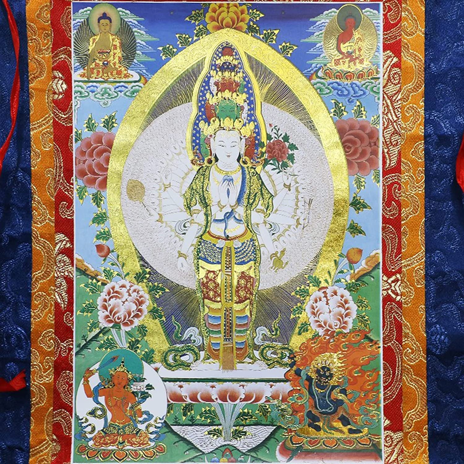 Thangka-Wandteppich, buddhistischer Wandteppich, tibetischer Thangka, tausendhändiger Avalokitesvara tibetischer Thangka-Gemäldekunst-Wandteppich, Poster, Seidenstickerei, Thangka-Gemälde (Größe: 28 x