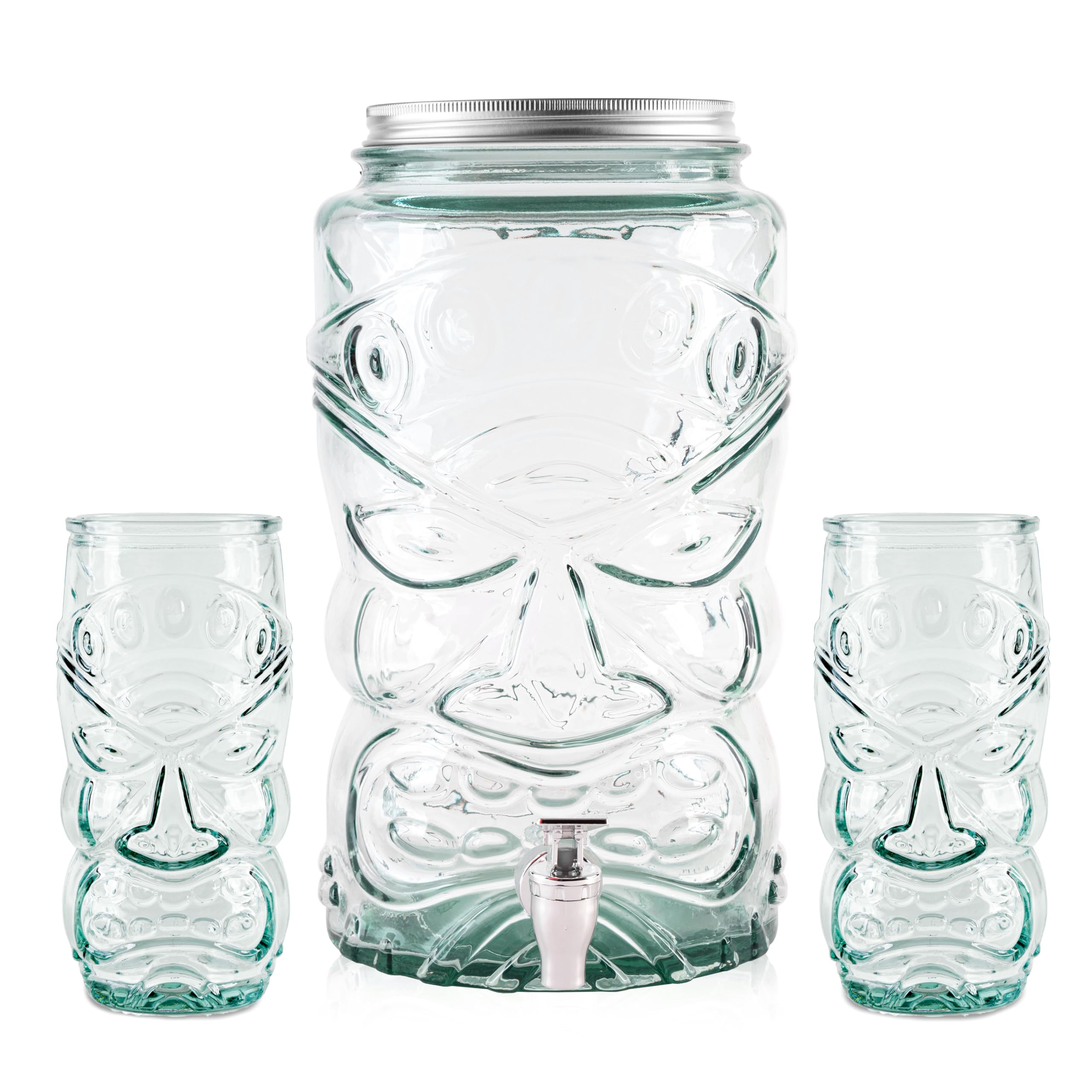 Dispensador de bebidas Tiki + 2 vasos. Jarra agua cristal 100% reciclado con grifo 6L. Recipiente de vidrio estilo tiki con tapa y cierre giratorio. Agua mojito vino sangria