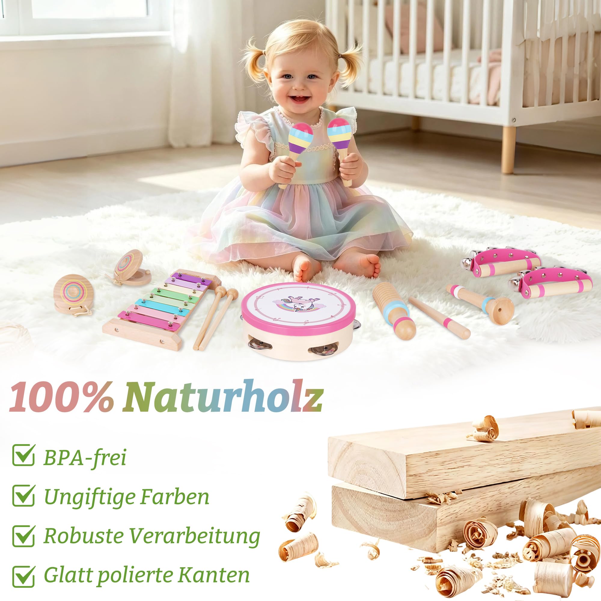 ATOYUS Montessori Musikinstrumente Spielzeug für Babys und Kinder ab 1 Jahr, Holz-Schlaginstrumente für 1-3 Jährige Mädchen mit Xylophon, Trommel, Geschenk zum 1. Geburtstag, zu Weihnachten und Ostern