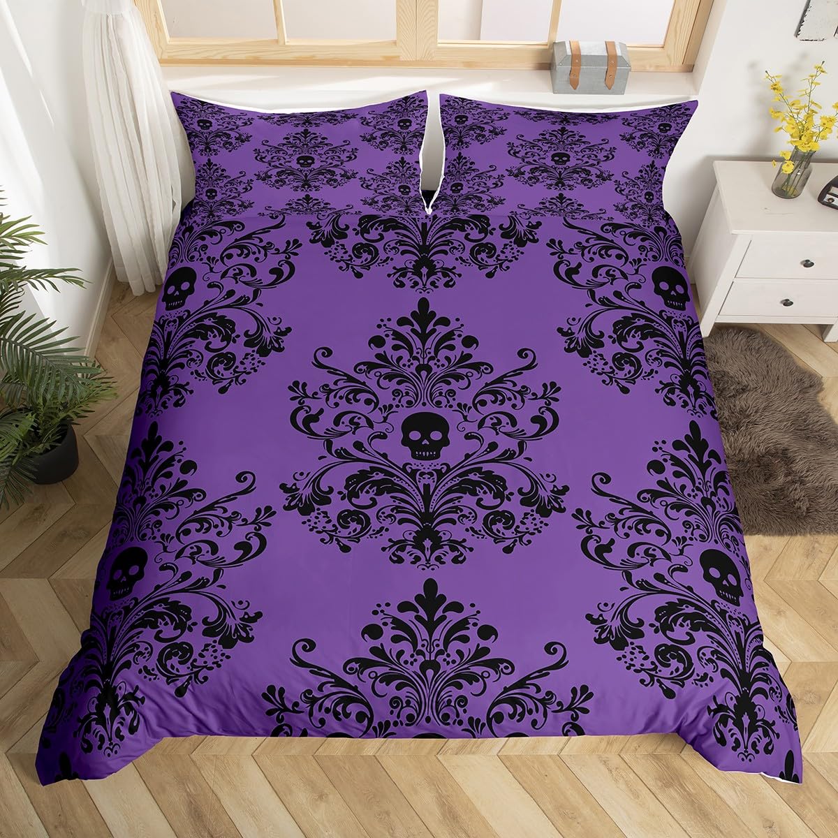 Loussiesd Damask Floral Duvet Cover Single Size Vintage Jacquard Comforter Cover for Boys Girls Purple Black Bedding Set 2Pcs Exotic Sugar Skull Room Decor Breathable Lightweight Microfiber