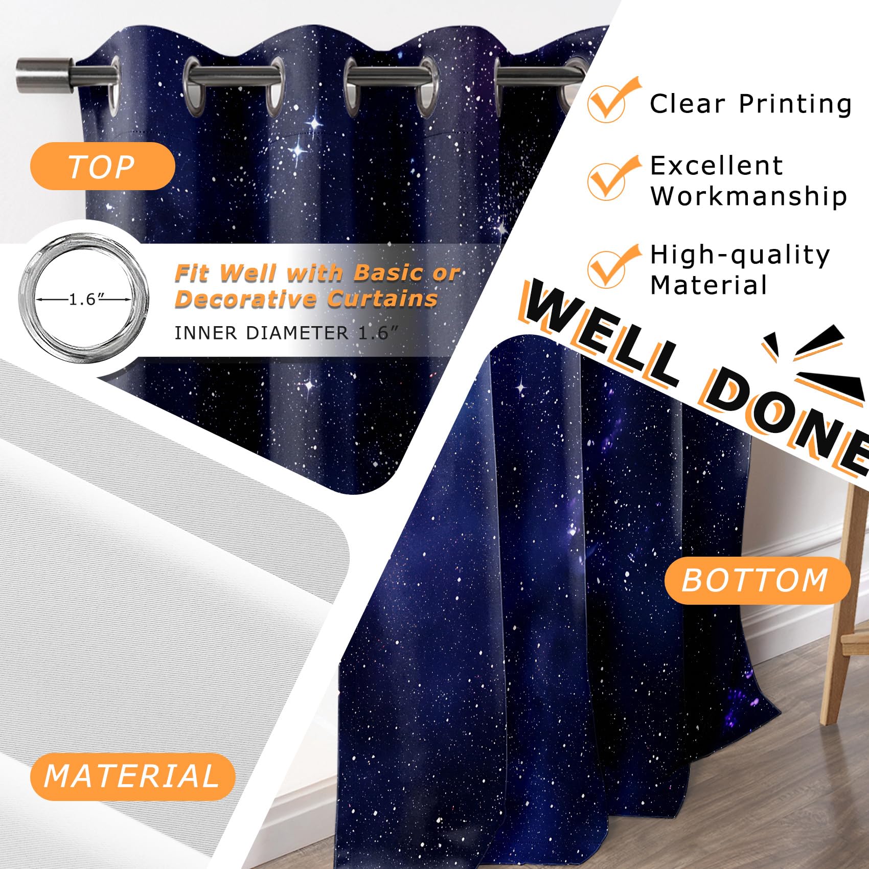 Rideau Occultant Galaxie - Rideau Thermique Motif Nébuleuse Univers Espace, Rideaux Chambre Salon Fenetre, Lot de 2 Rideaux et Draperies Intérieurs à Oeillets, 140x240 cm (LxH) G#-87