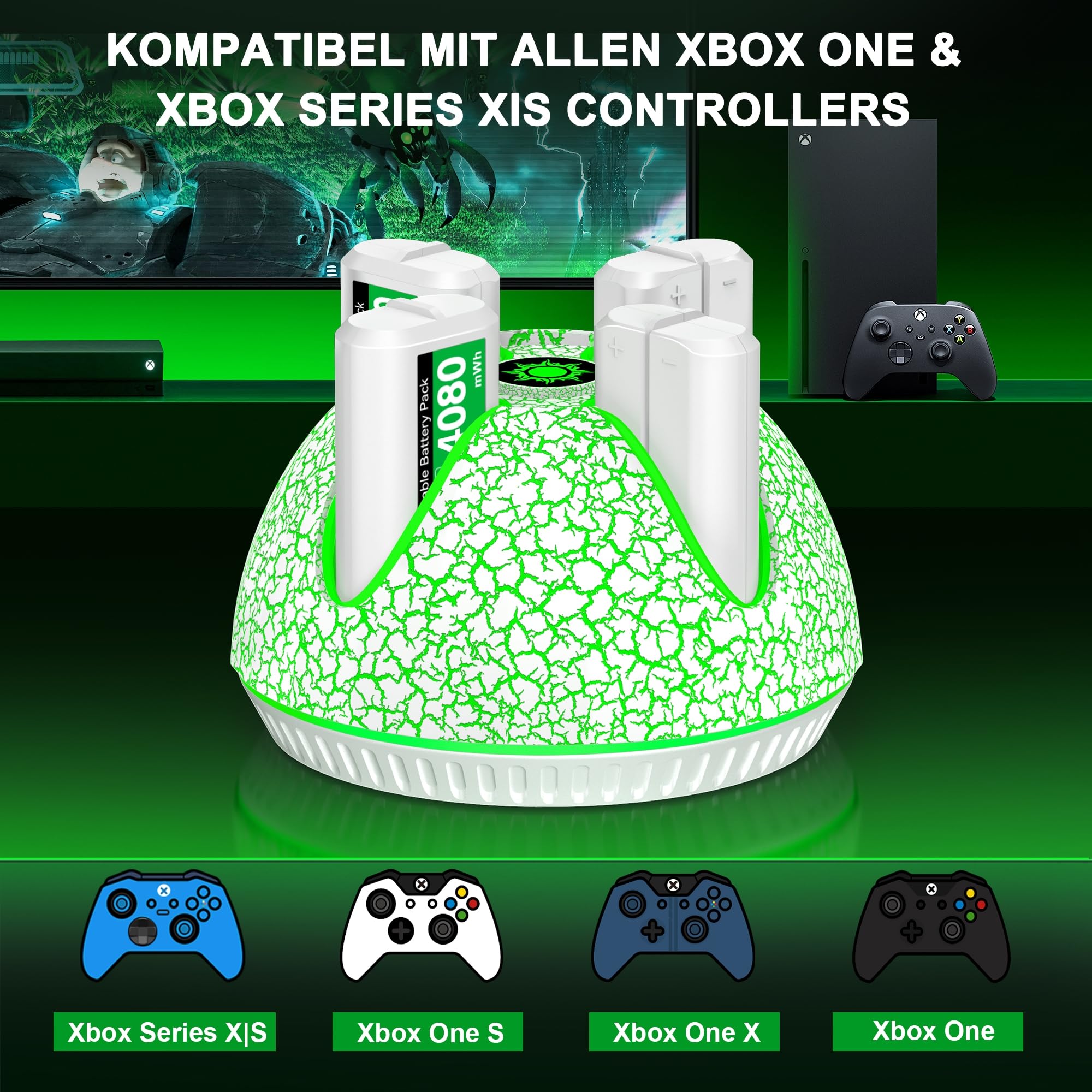 4 Stück 4080mWh Akku für Xbox One/Xbox Series X&S Controller, Xbox Controller Akku kompatibel mit Xbox One S/X/Elite,Xbox Series X/S Controller, Cooles Aussehen/12Std Spielzeit/LED Anzeige