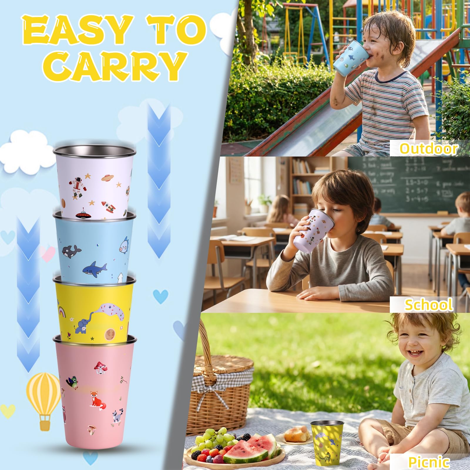 Hejo 4 Pièces Tasse Inox pour Enfant, 350ml Gobelets Réutilisables pour Filles et Garçons, Tasse Inox Incassable pour École, Maison, Plein Air