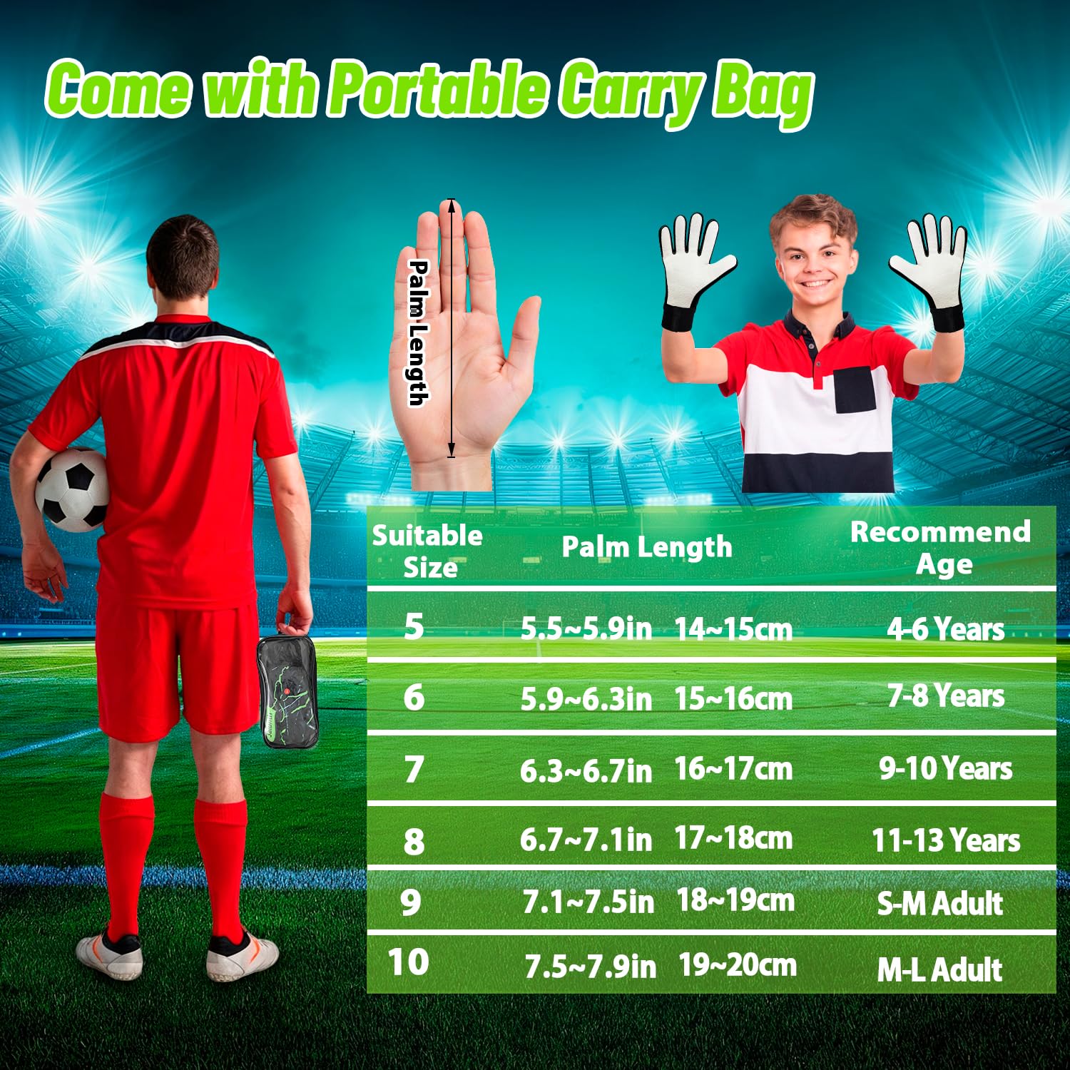 Jalunth Guantes de portero para niños con látex sólido que absorbe los golpes, esponja para guardar los dedos, para entrenamiento, juego de portero, guantes de fútbol, talla 5-8, para niños y niñas de