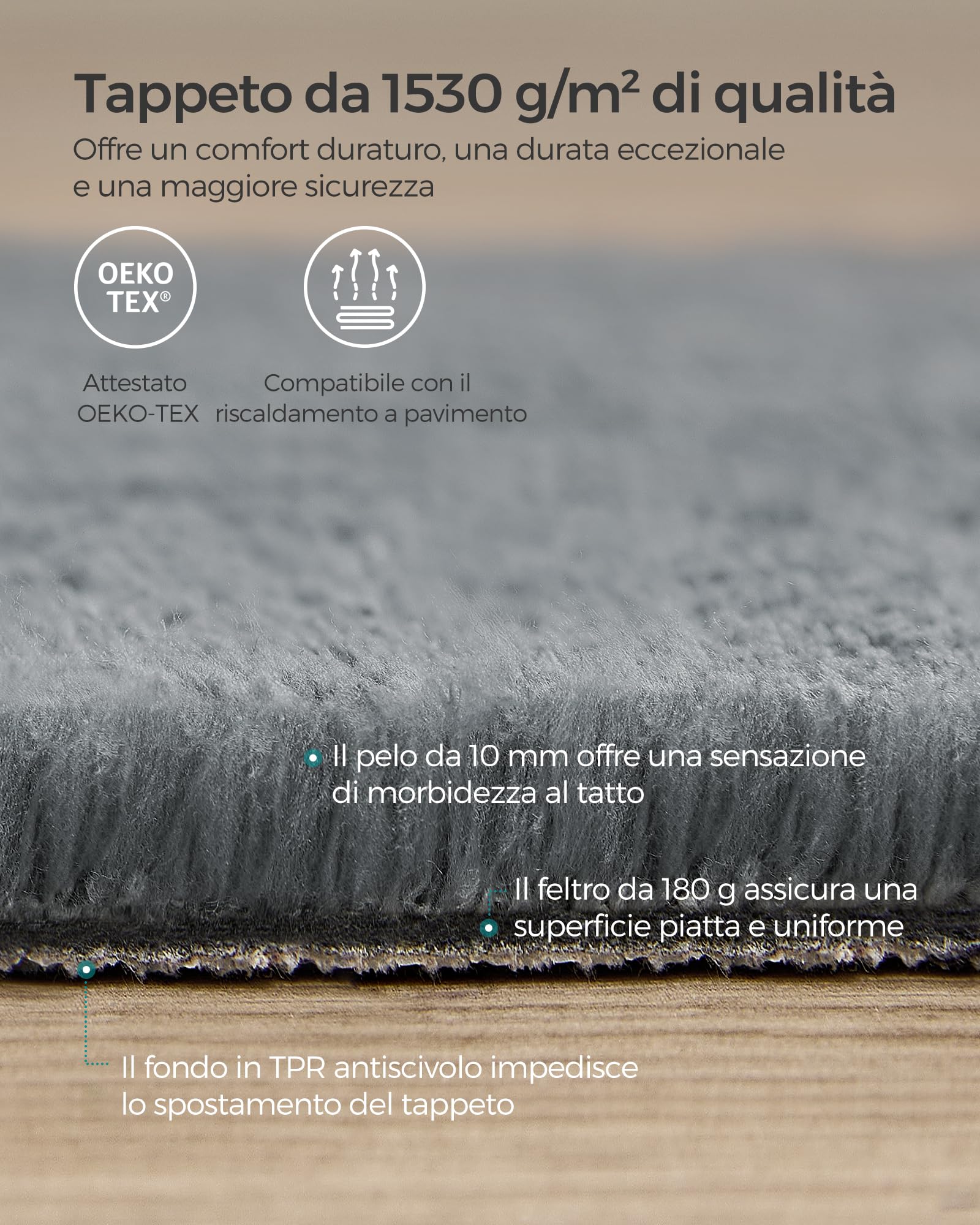 SONGMICS Tappeto per Soggiorno, Tappeto 200 x 290 cm, Tappeto Salotto Antiscivolo, per Soggiorno Camera da Letto Cameretta, Lavabile in Lavatrice, Moderno, Grigio Tortora TAR014G01