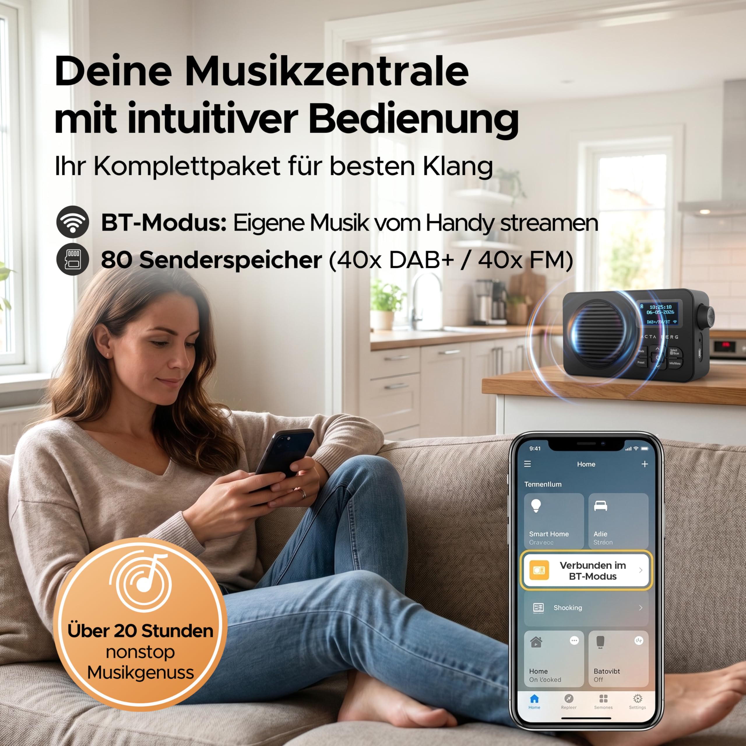 DAB Radio mit Akku 5000 mAh austauschbar & BT 5.3 (Schwarz) | DAB+/UKW-Radio, Akku austauschbar + Netzstecker, 80 Senderspeicher, USB-C, tragbares Digitalradio, mit Wecker & Timer
