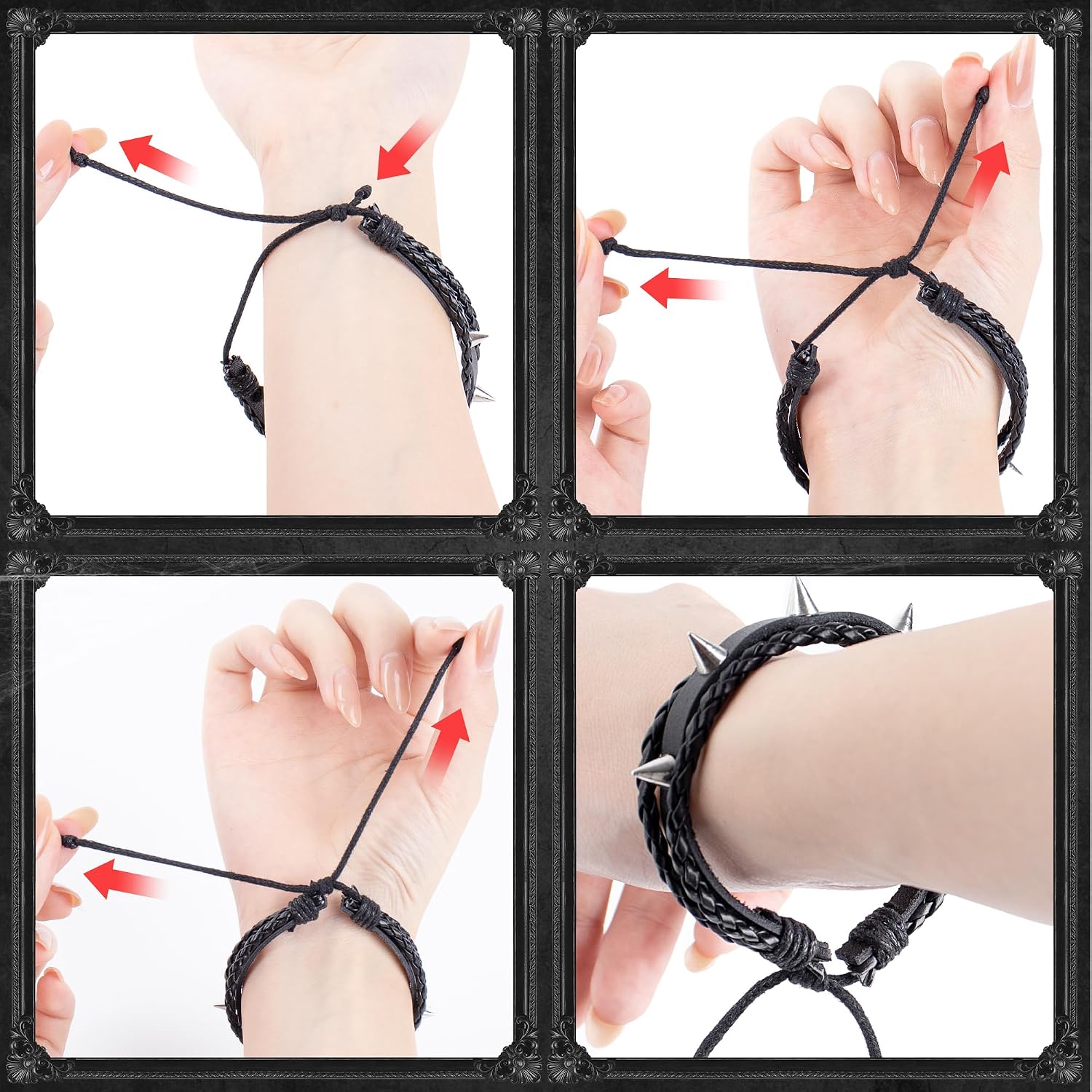 Studded Punk Bracelet Set for Men Women Spike Cuff Leather Wristband Black (4 Pcs)