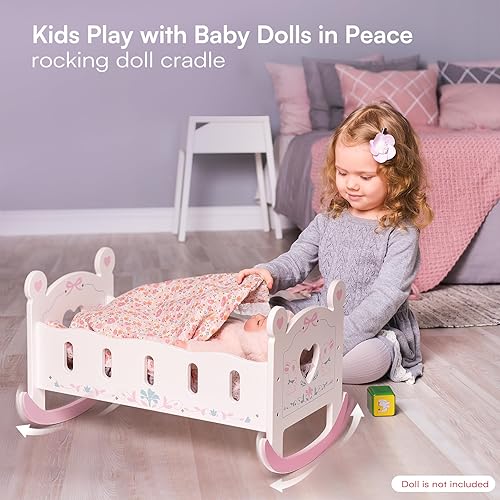 Miniatura 6 de ROBOTIME Cuna de Madera para Muñecas Bebé, Cama Cuna de Muñeca para Muñecas de 18-24 Pulgadas, Juego de Cuna para Muñecas Bebé con Manta y Almohada