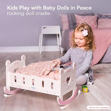 ROBOTIME Wooden Baby Doll Crib for 18-24 Inch Dolls, Pink