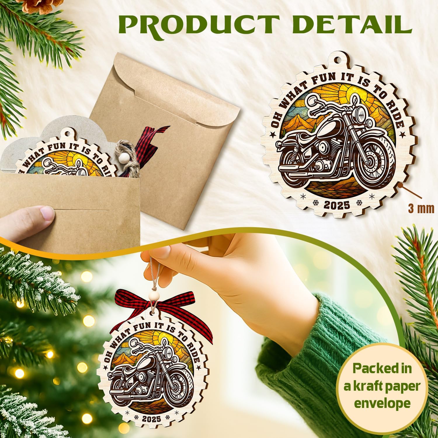 Motorcycle Ornaments for Christmas Tree 2025 - Wooden Motorcycle Ornament for Men Bikers - Cool Biker Christmas Decorations - Motorcycle Gifts for Dad, Husband, Riders, Motorbike Lovers image 2