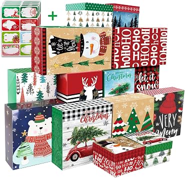 16 decorative Christmas Gift Wrap Boxes Bulk with Lids for Wrapping Extra Large Clothes and 80 Christmas StickersAssorted size for Shirts, Robes, Coats, Sweaters, clothing and xmas Holiday Present