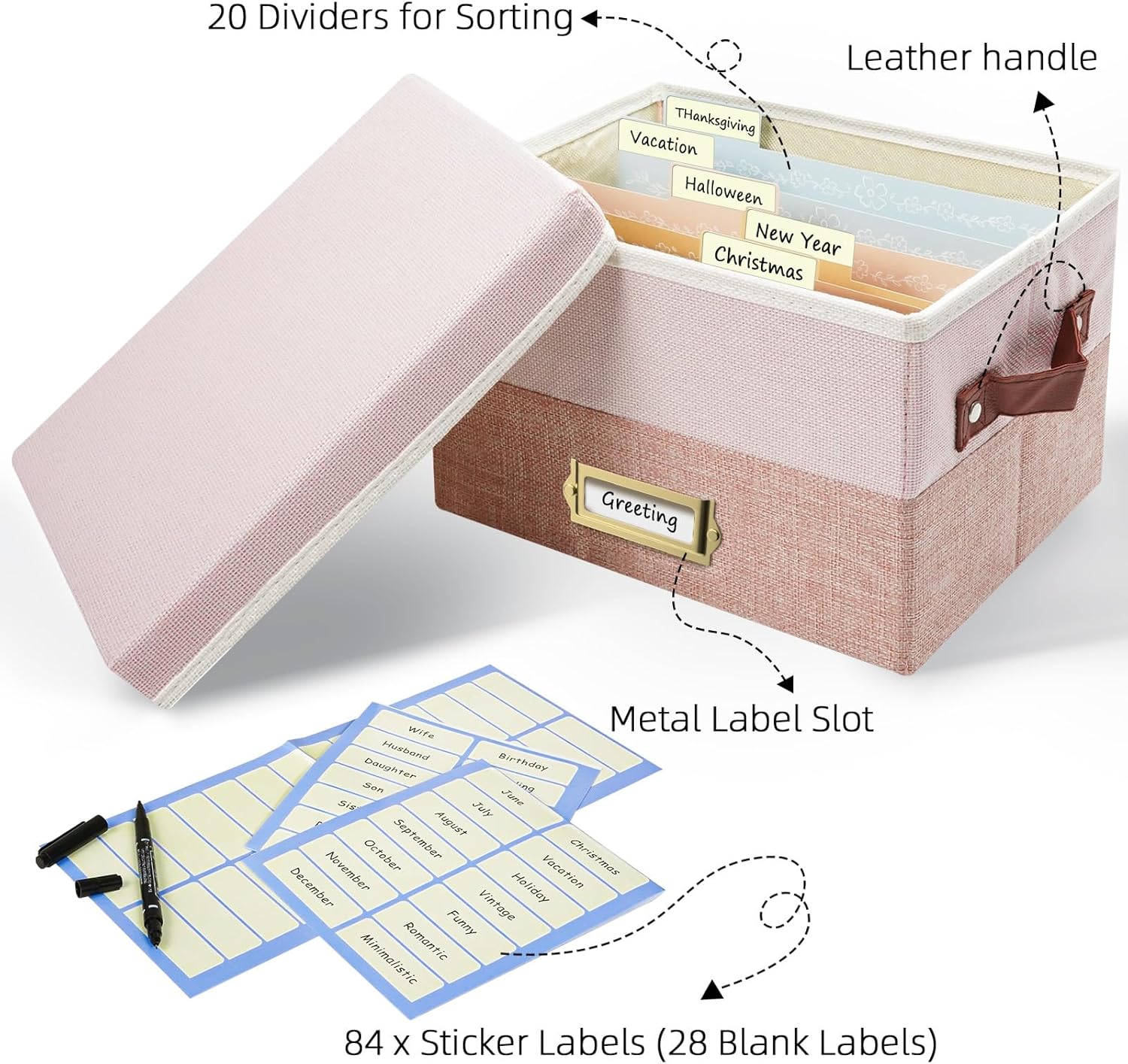 Greeting Card Organizer, Linen Storage Box with 20 Removable Dividers, 84 Labels & 1 Marker, Perfect for Greeting Cards, Photos, Envelopes, Stickers, Postcards, Light Pink&Lotus