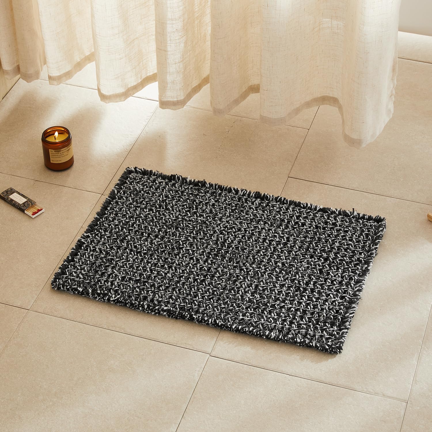 TYUU Waffle Bath Mat, Small Boho Bathroom Rugs Non Slip 24x16 Black &amp; White