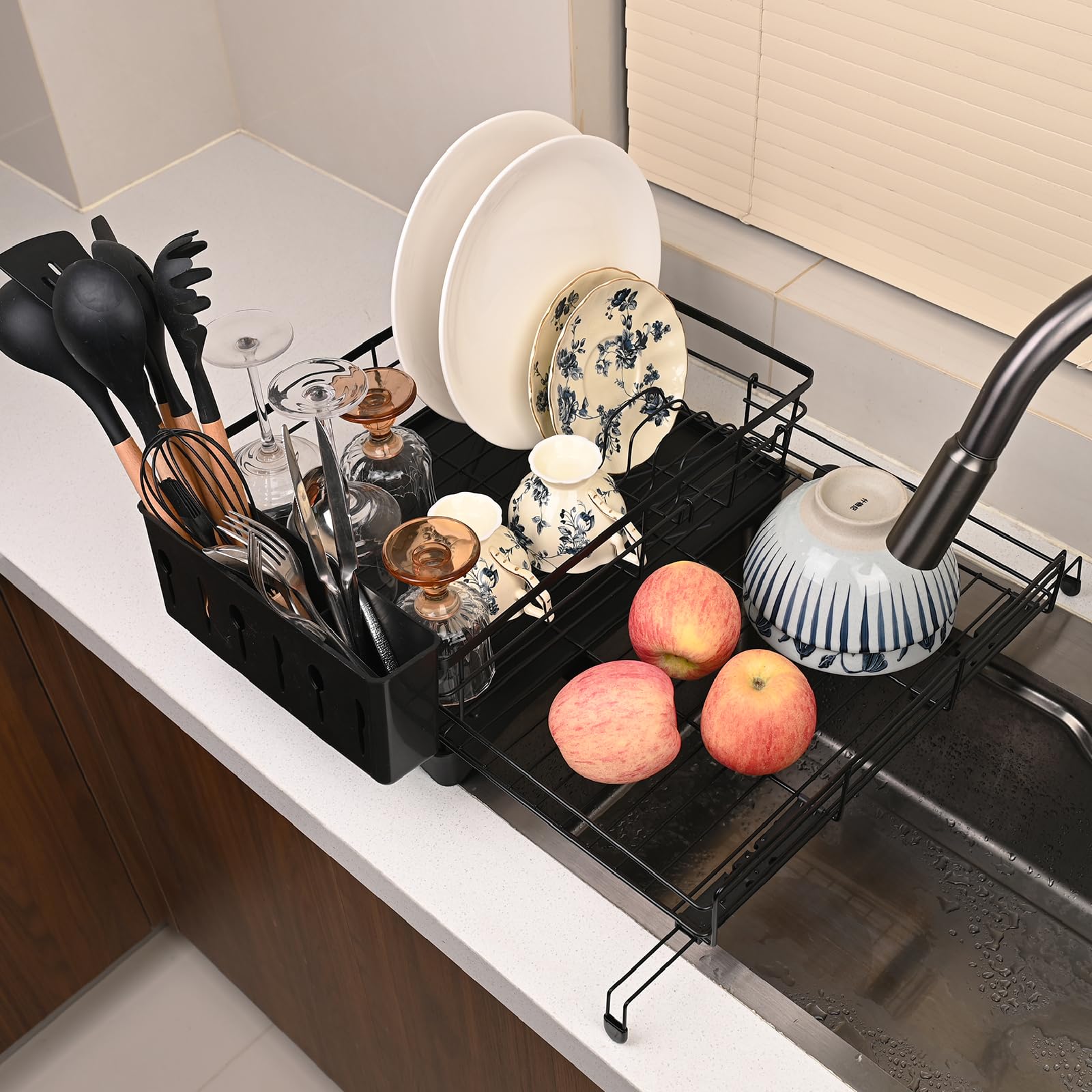 Expandable Over Sink Dish Drying Rack – Foldable Stainless Steel Kitchen Organizer with Utensil Holder, Space-Saving & Rustproof (Black)