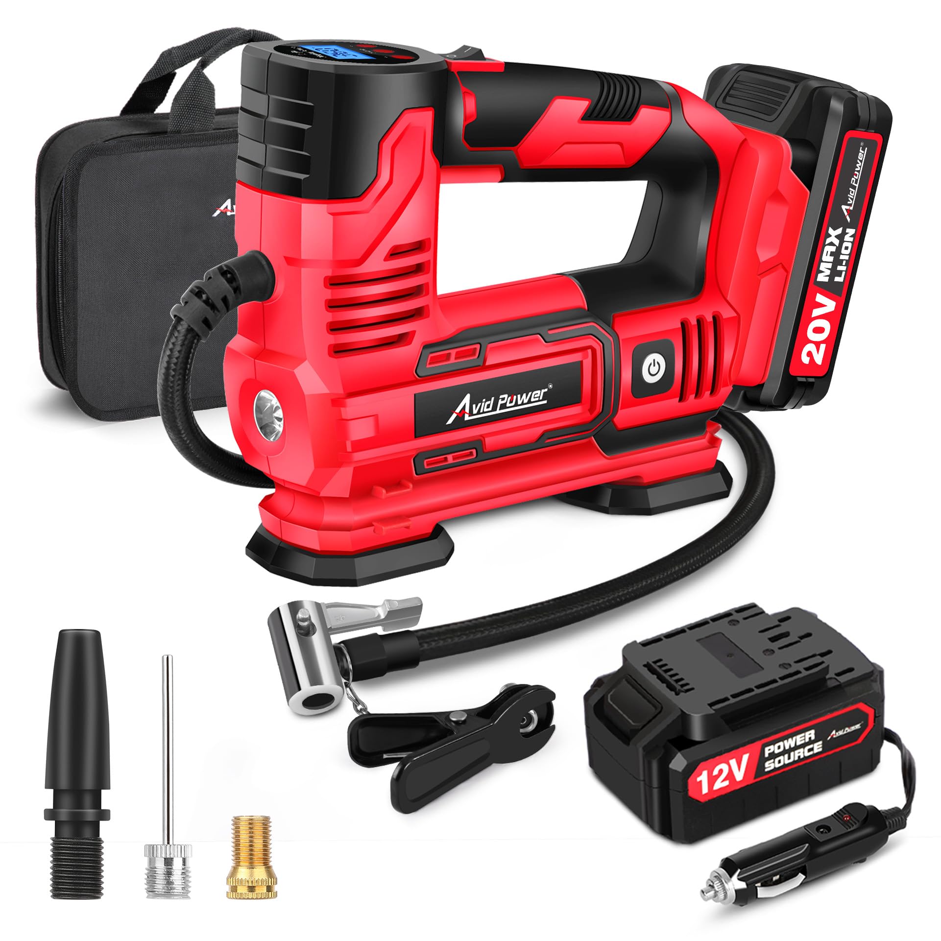 AVID POWER Tire Inflator Portable Air Compressor, 20V Cordless Car Pump w/Rechargeable Li-ion Battery, 12V Car Power Adapter, Digital Pressure Gauge, 150PSI Tire Compressor for Many Inflatables