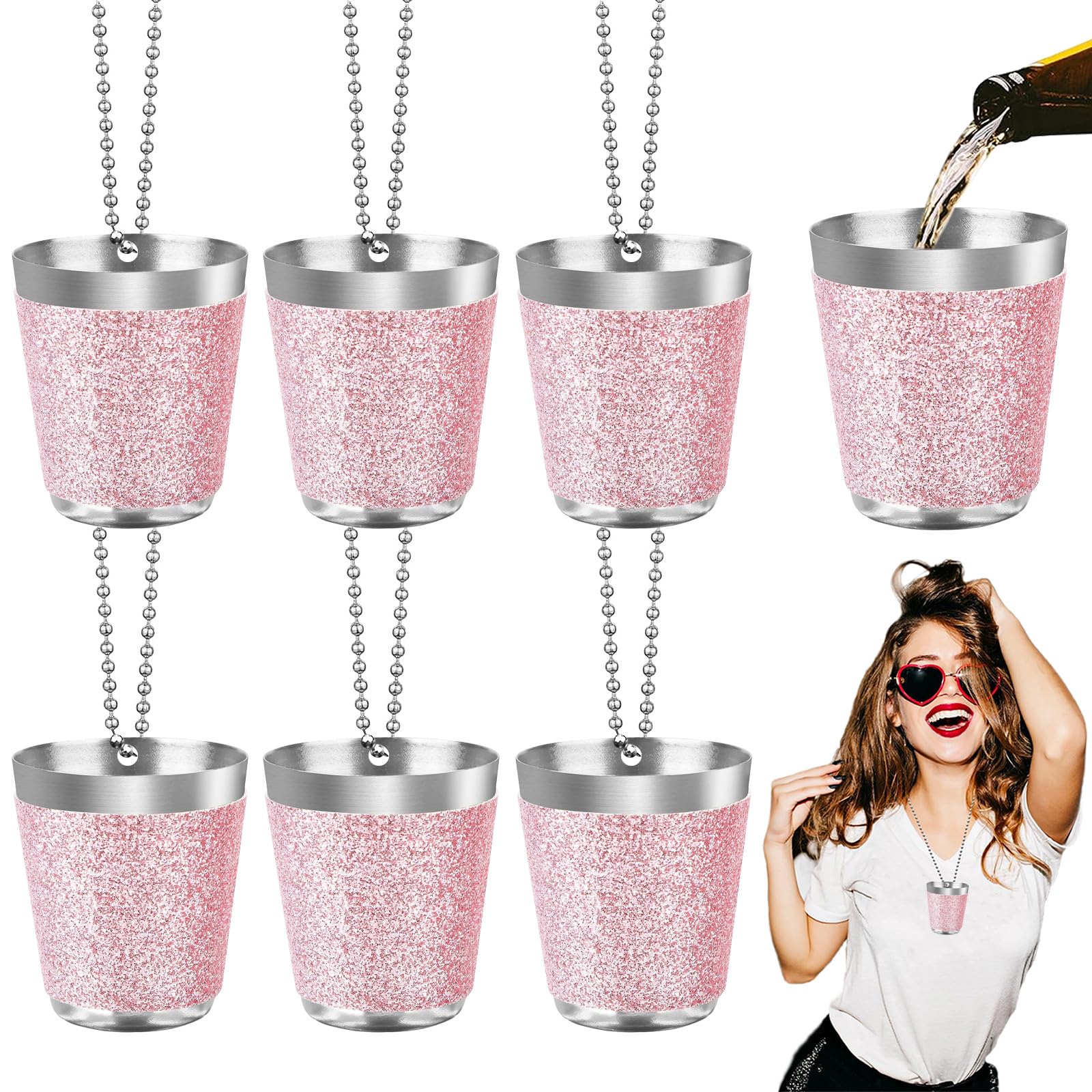 Begpoee 6 Pieces 30ml Shot Glasses for Hanging, Shot Glasses Stainless Steel, Shot Glass with Chain, for Wedding Parties, Birthday Parties, Bachelorette Parties(4.2 x 3.7 cm, Pink + Silver)