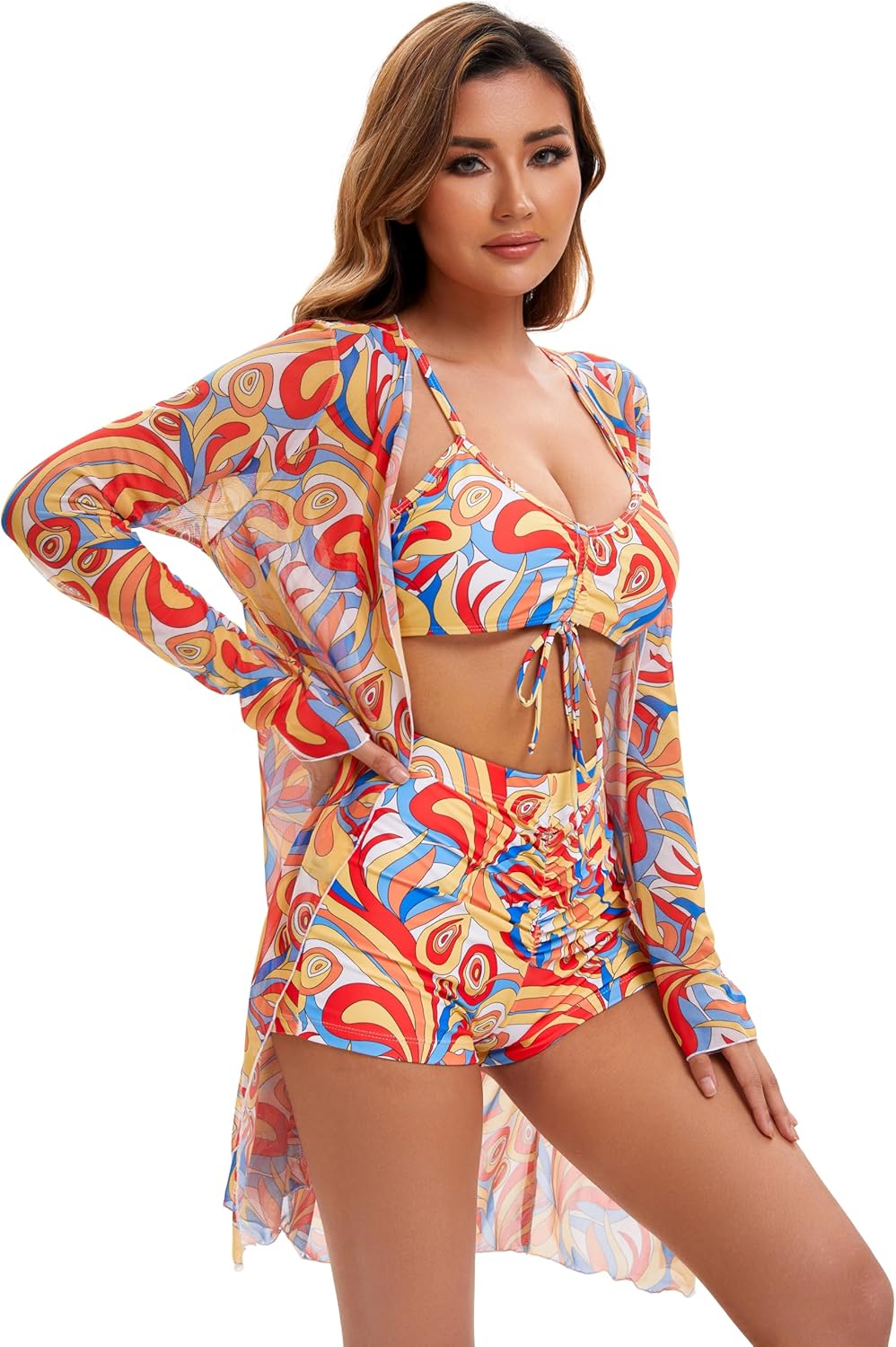 Yknktstc Womens 3 Pieces Bikini Set Swimsuit Tropical Beach Cover up Kimono Swimwear Bathing Suit with Boy Shorts - Image 4