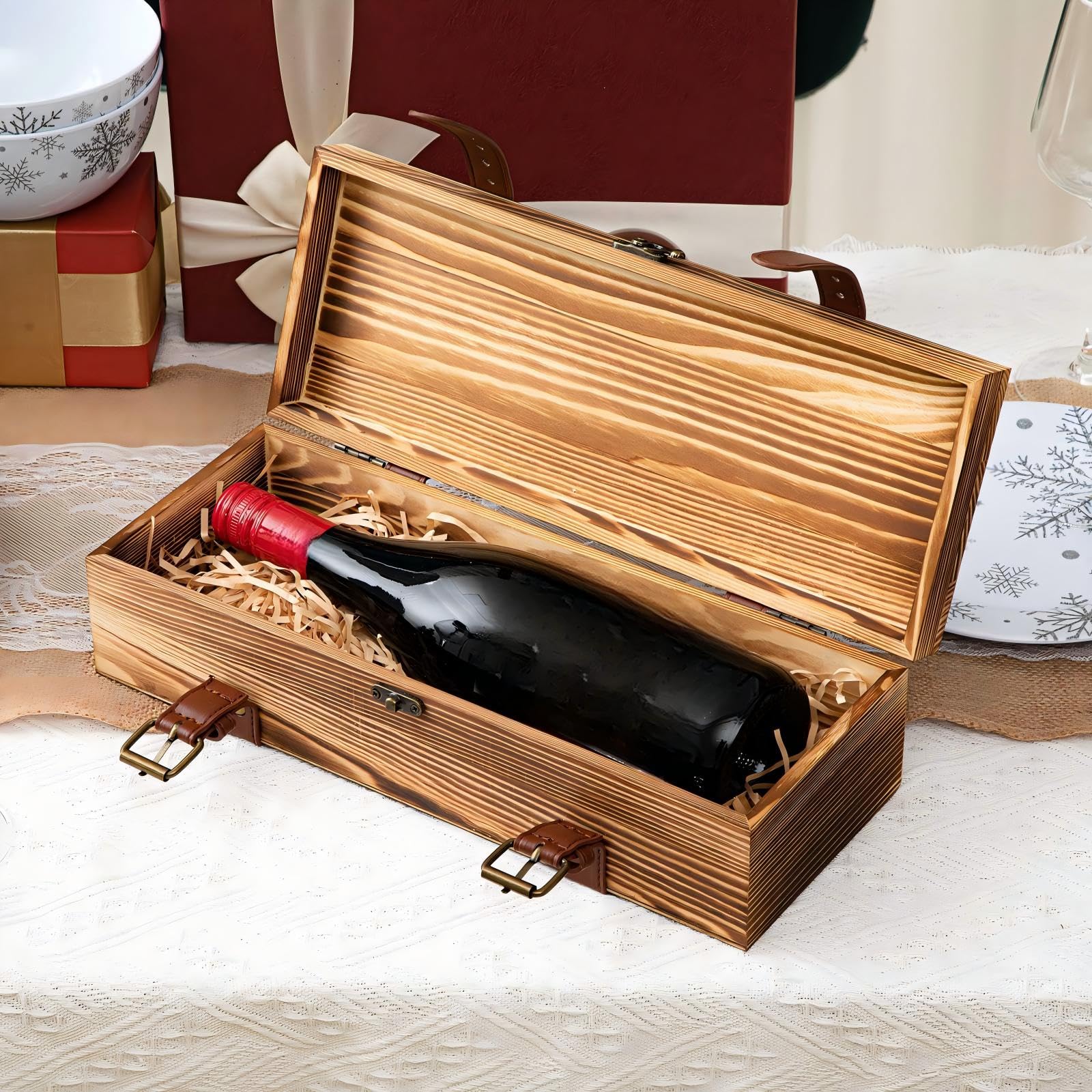 Briwooody Wein-Geschenkbox aus Holz, rustikale braune Weinboxen für Geschenke, Einzelflaschenhalter mit Lederschnallenriemen und Verriegelungsriegel, für Valentinstag, Geburtstag, Hochzeit, Champagner