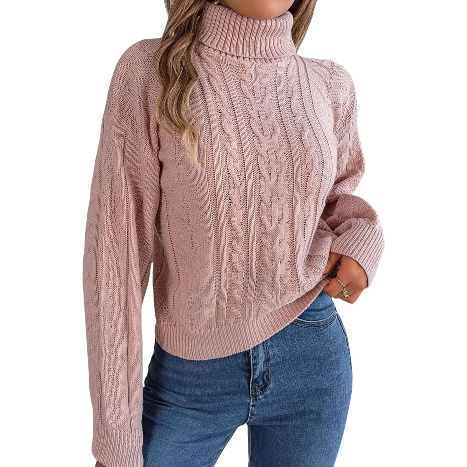 Womens Turtleneck Cable Knit Sweaters Long Sleeve Business Casual Pullover Top Oversized Winter Warm Sweaters Tops