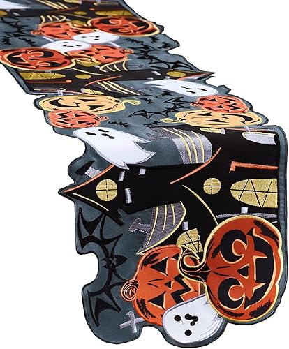 Miniatura 1 de Grelucgo Camino de mesa bordado de calabaza Jack-O-Lantern de Halloween azul azulado y espeluznante casa encantada (13 x 68 pulgadas)