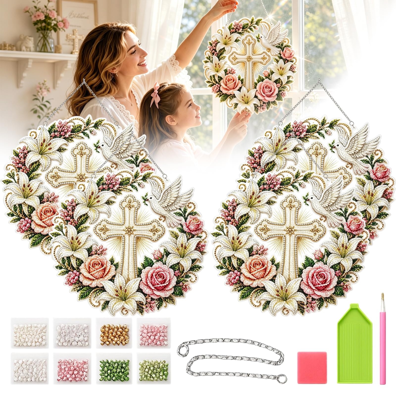 Cross, Flowers & Peace Dove Diamond Art Hanging Ornament Kit, 5D Diamond Art for Adults, Religious Window Suncatcher Craft, Christian Crystal Hanging Ornament (4PCS,Medium)