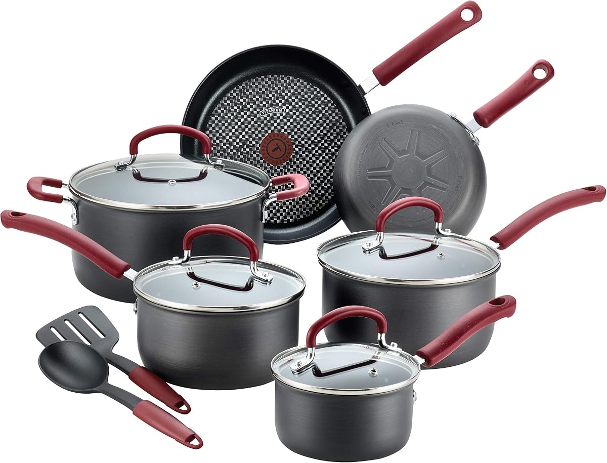 Ultimate - Juego de utensilios de cocina antiadherentes anodizados duros, 12 piezas, apto para horno, asador, 600 F, juego de cocina con sartenes, cacerolas, horno holandés, utensilios de cocina, ollas y sartenes, apto para lavavajillas, negro