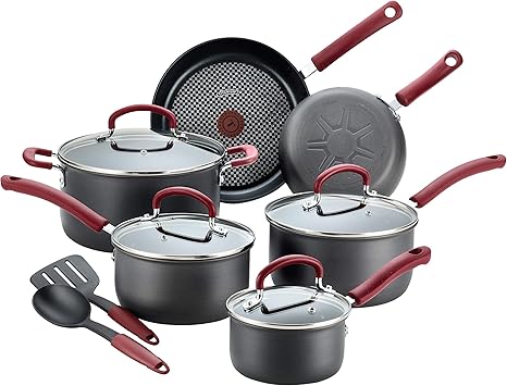 T-fal Ultimate Hard Anodized Nonstick Cookware Set 12 Piece, Oven Broiler Safe 600F, Kitchen Cooking Set w/Fry Pans, Saucepans, Dutch Oven, Kitchen Utensils, Pots and Pans, Dishwasher Safe, Black