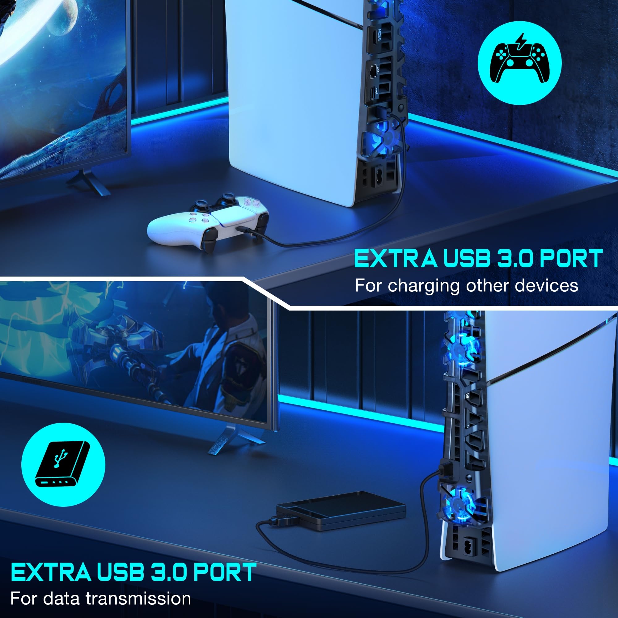 ALEEMTRY PS5 Zubehör, PS5 Lüfter mit 3 Windgeschwindigkeiten, PS5 Lüfter Kühler mit USB-Ladeanschluss/LED-Licht für PS5 Slim Disc und Digital Edition Konsole