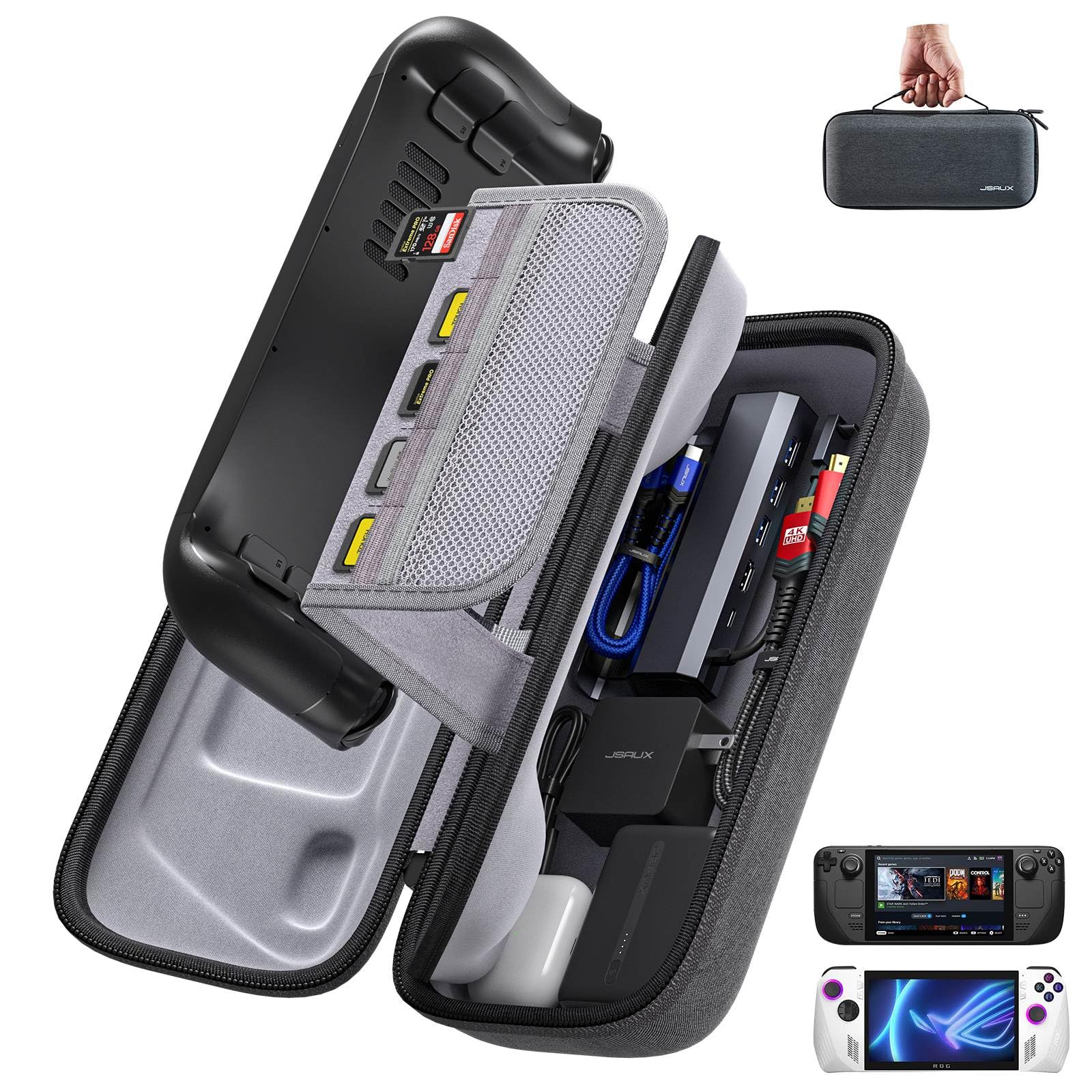 JSAUX Carrying Case Compatible with Steam Deck/ROG Ally, Protective Hard Shell Carry Case Built-in Charger & Docking Station Storage, Portable Travel Bag for Steam Deck OLED/ROG Ally X