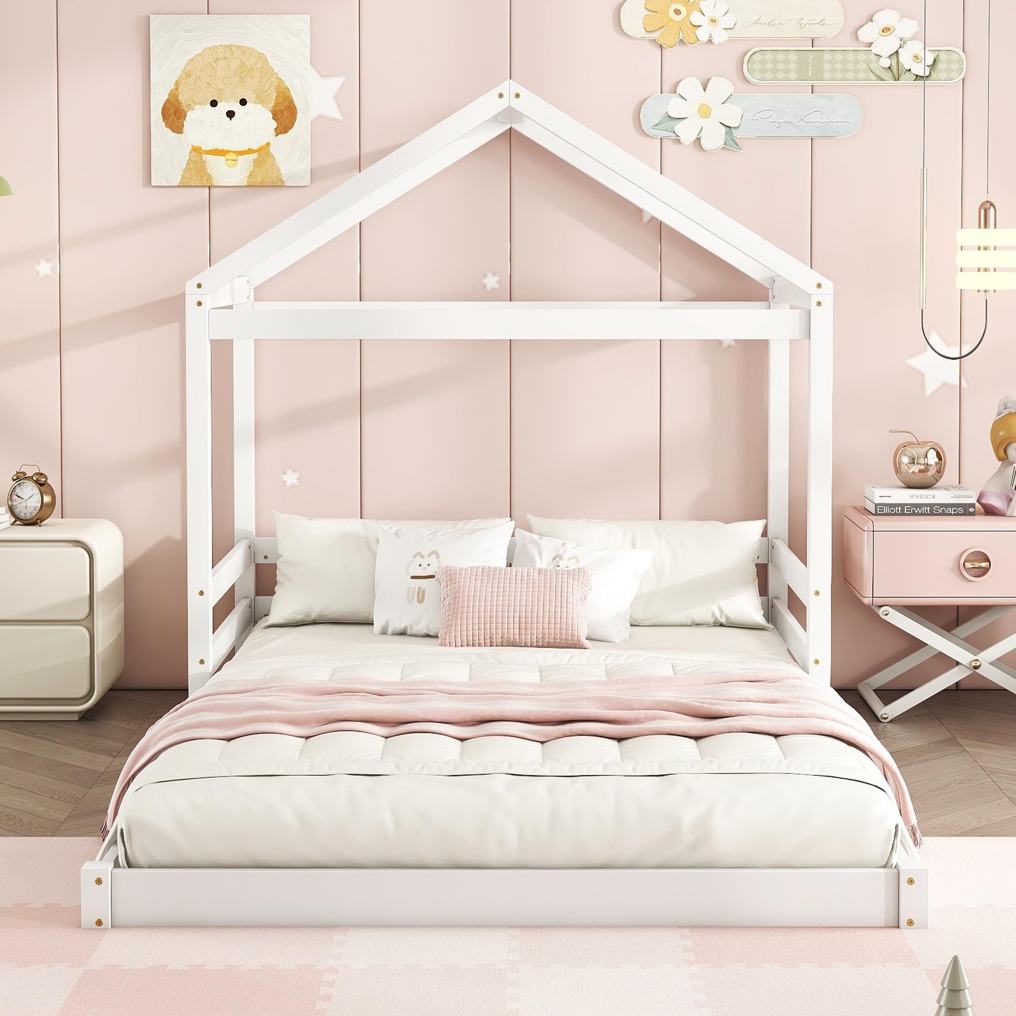 Kinderbett Bodenbett Doppelbett 140x200 cm, Bett Hausbett mit Haus Dach&Lattenrost, Holzbett Bettgestell Jugendbett Flachbett Bettrahmen für Kinder Jungen & Mädchen, Kiefernholz, Ohne Matratze, Weiß