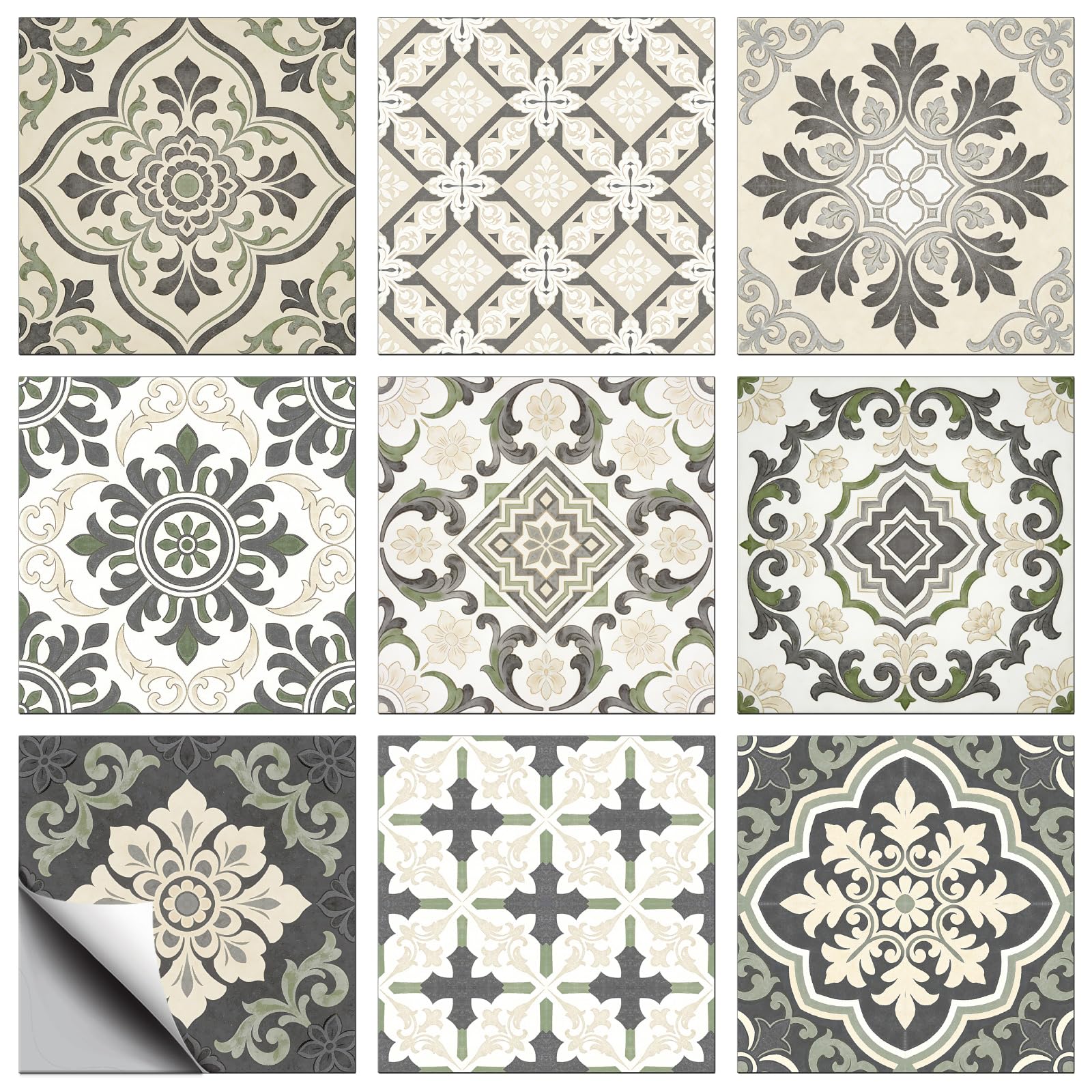 CONCHLERY 36 Pcs 9 Styles Gray Patten Tile Sticker Wall Tile Stickers Geometric Retro Baroque Waterproof Self Adhesive Stick on Decals for Kitchen Bathroom Wall Art 4×4 Inch