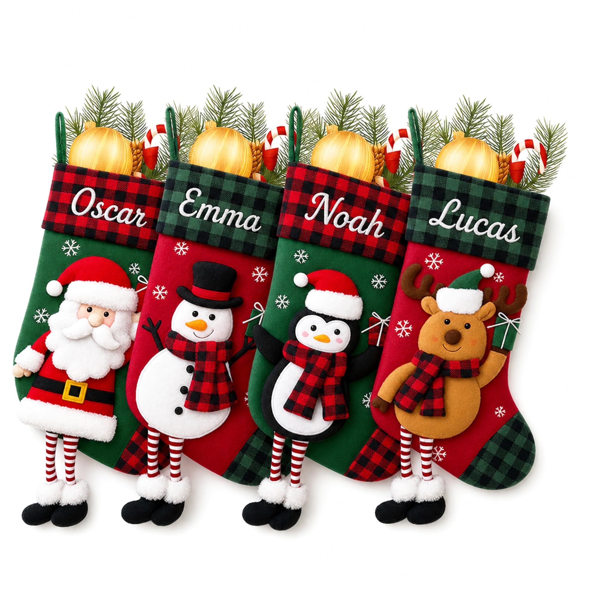 Personalised Christmas Stockings with Embroidered Name, Custom 3D Xmas Character Stocking Santa Claus Snowman Reindeer,18 inch Large Red Green Plaid Christmas Stocking Decoration(Style 7-3 Pack)