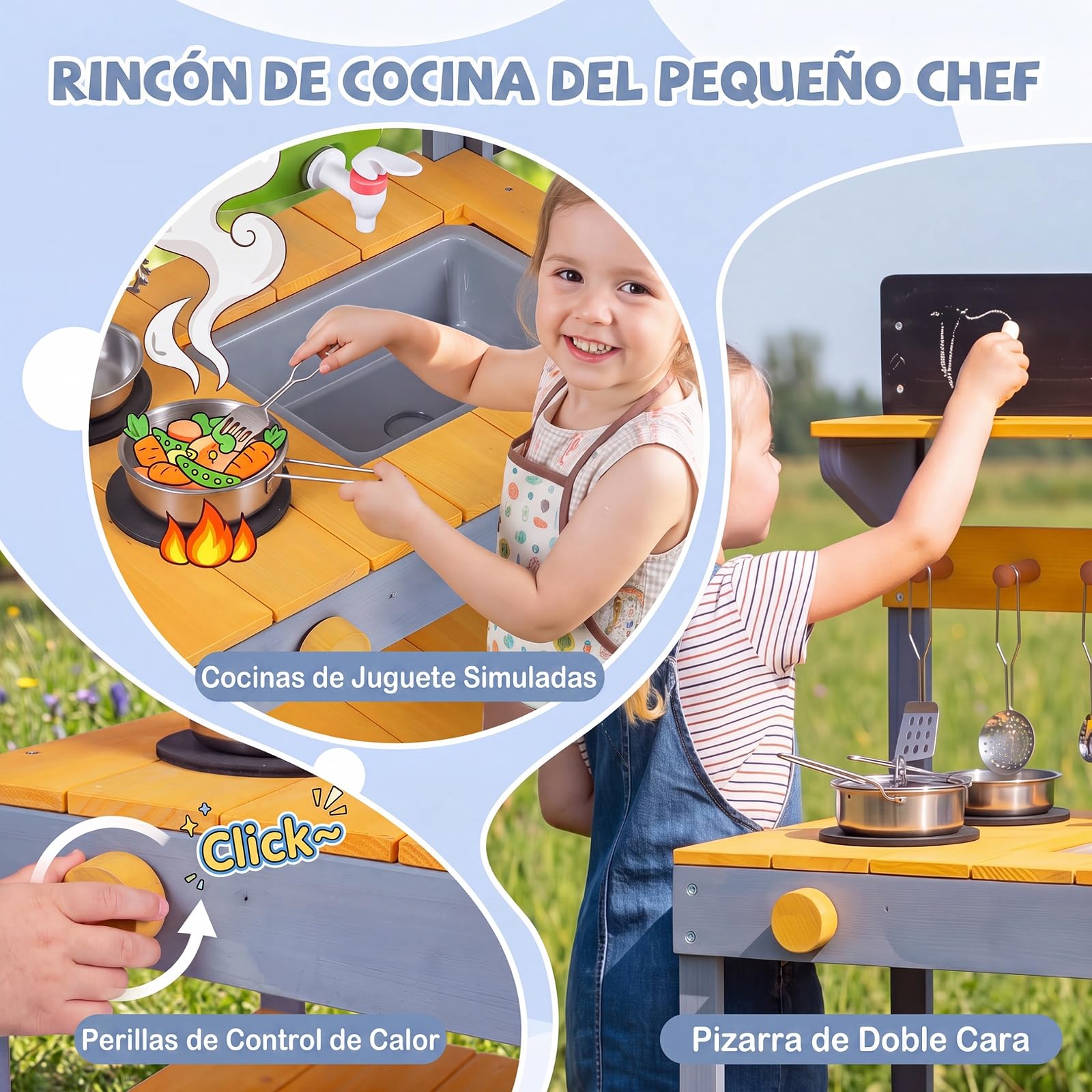 COSTWAY Cocina de Barro Exterior para Niños, Cocinita de Madera Infantil | con Jardinería, Estantes, Pizarras, Fregadero, Depósito de Agua, Macetas, Sartén, Juego de Rol para 3+ Años