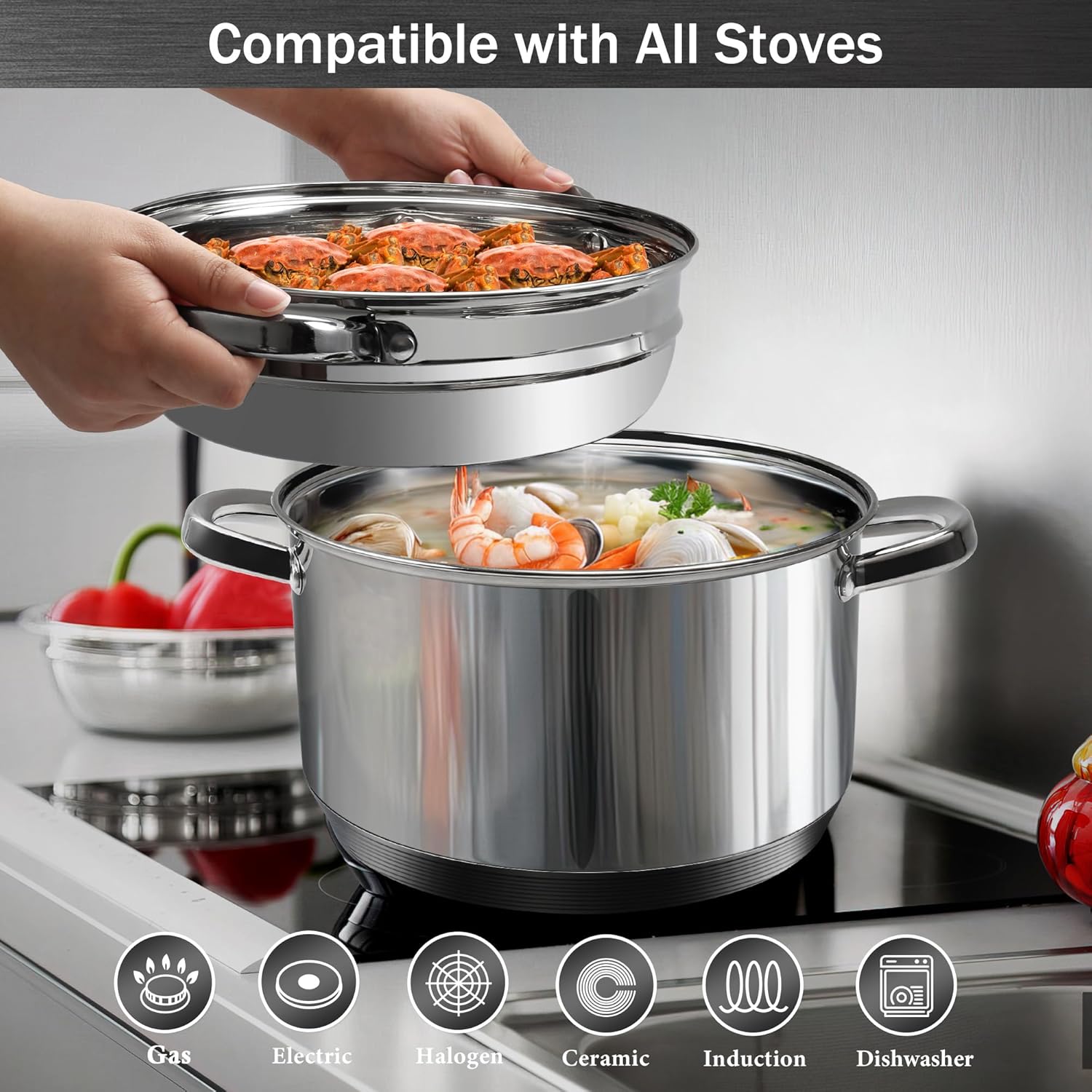 AuFranc® 6 Quart 18/10 Stainless Steel Tri-ply Stockpot and Steamer with Tempered Glass Lid, Multipurpose Steamer Pot Compatible with All Cooktops, Non-Toxic Soup Pot, Oven & Dishwasher Safe (Silver) - Image 5